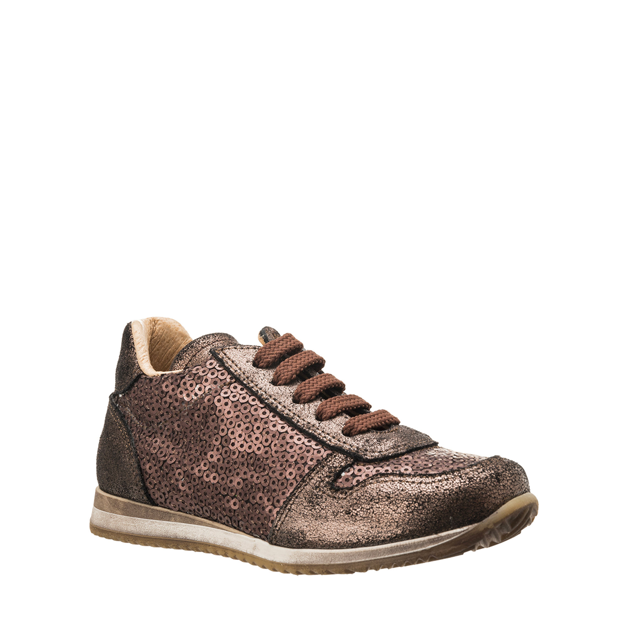 Sneakers in camoscio con paillettes e con tallonetta in pelle bronzo Pepè shoes vista2