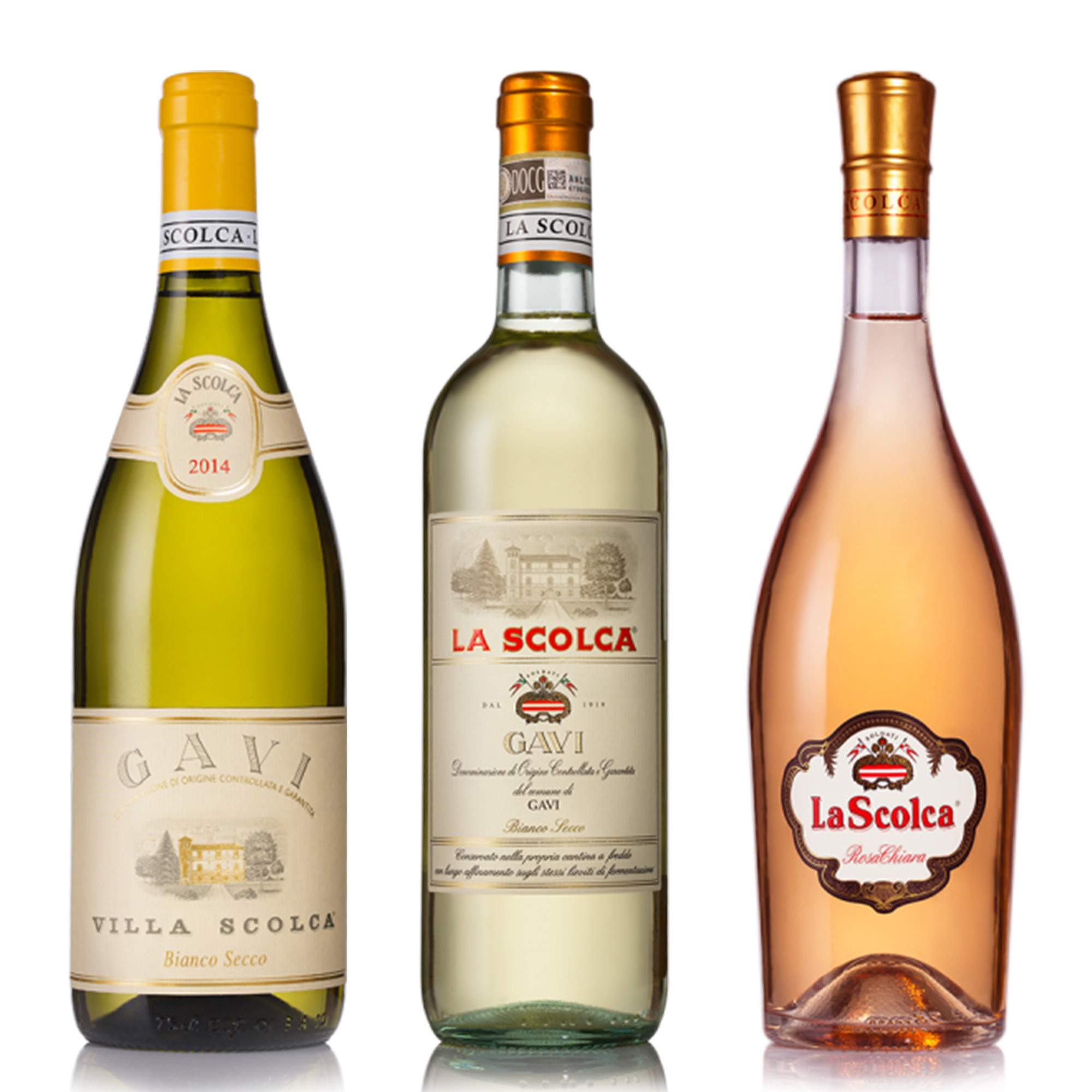 3 blandade flaskor: "Villa Solca" Gavi DOCG 2020 - "Etichetta Bianca" Gavi DOCG 2020 - "Rosachiara" Secco 2020 La Scolca vista0