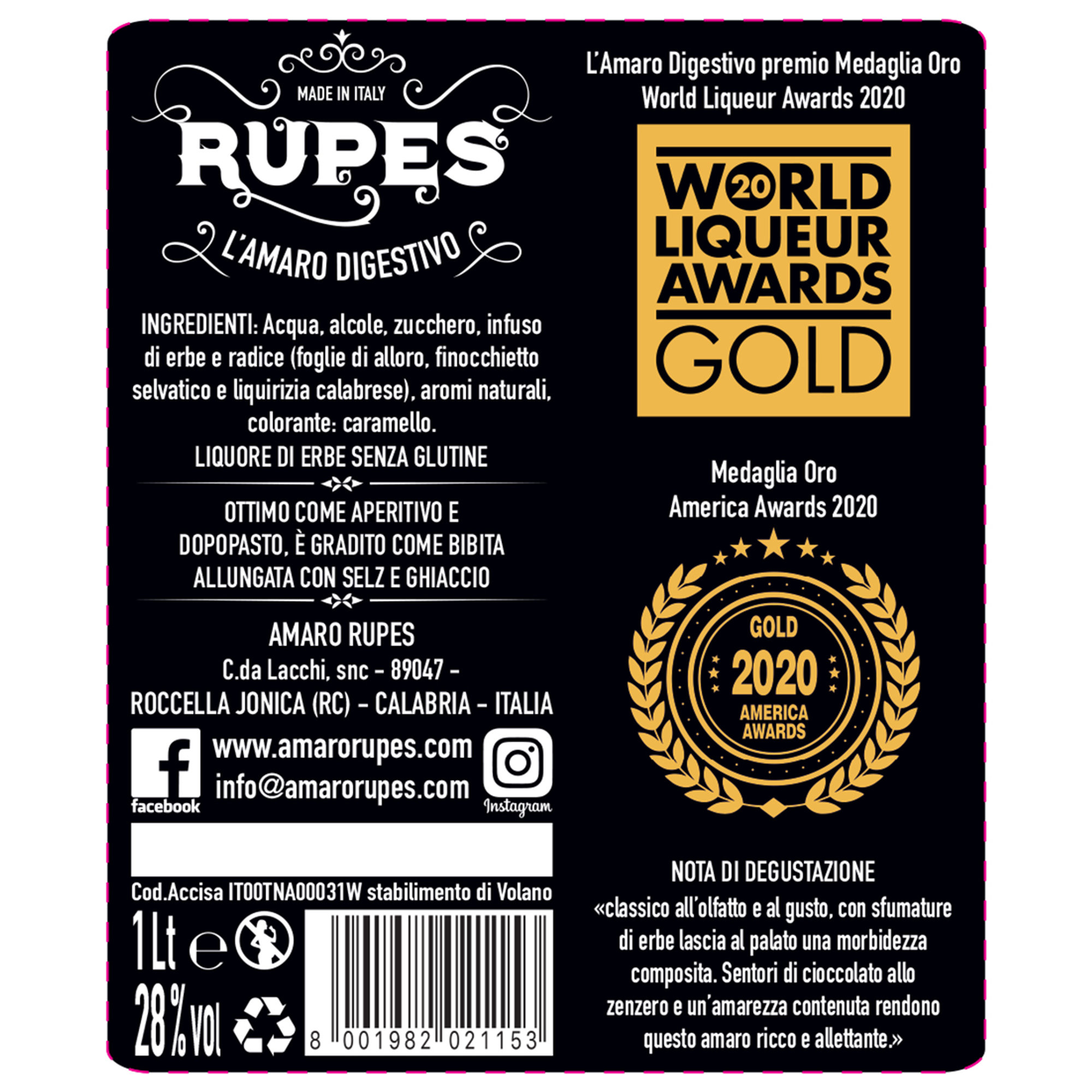 1 bottiglia - Amaro Digestivo 1 lt - Migliore Amaro al Mondo con 6 Bicchieri "Rupes" e vassoio in legno Rupes vista2