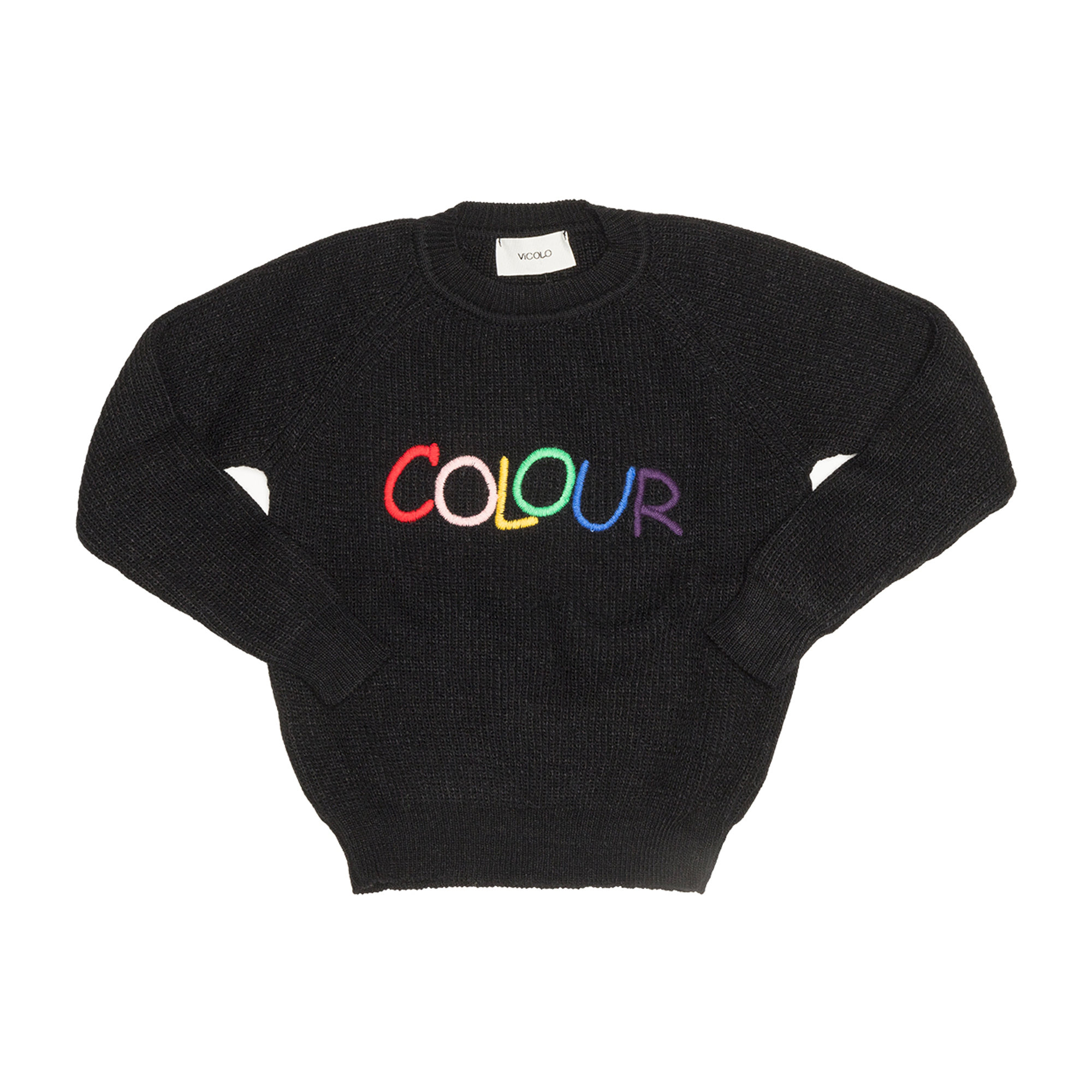 Maglia a coste nere con scritta "COLOUR" Vicolo vista0