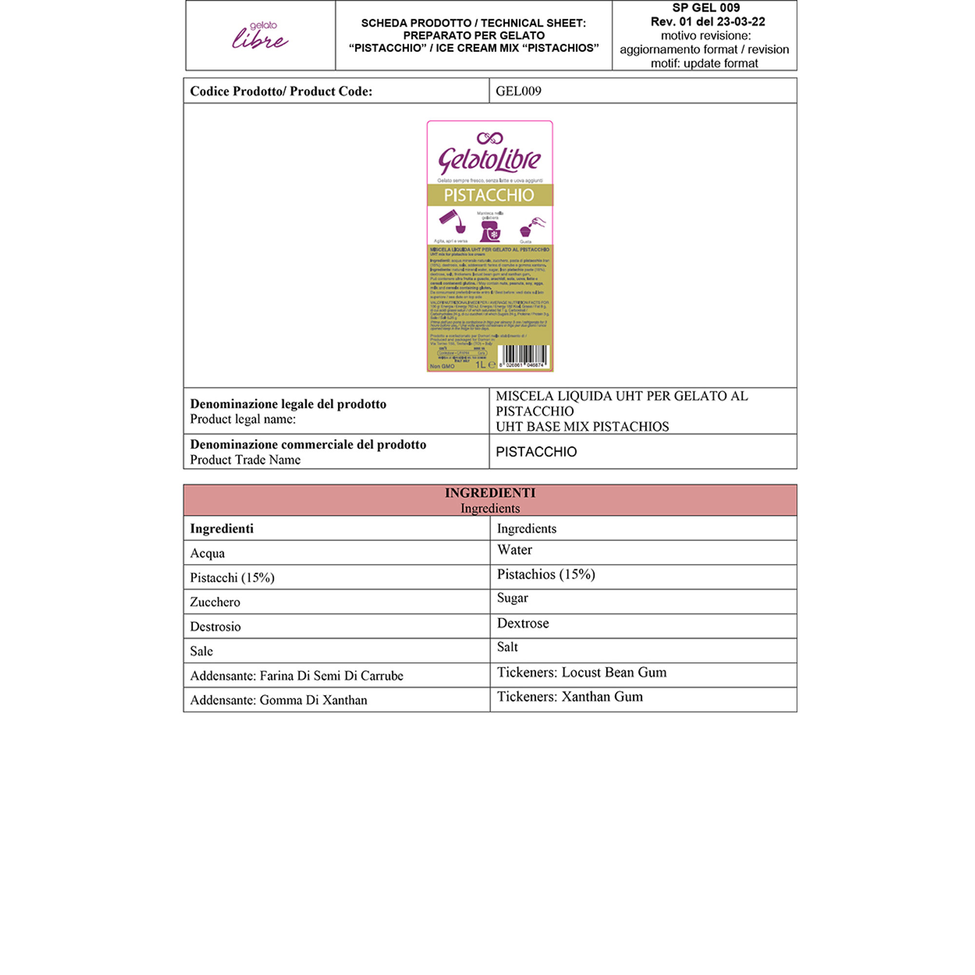 Pistache - bereiding voor ijs 1 l Gelato Libre Domori vista3