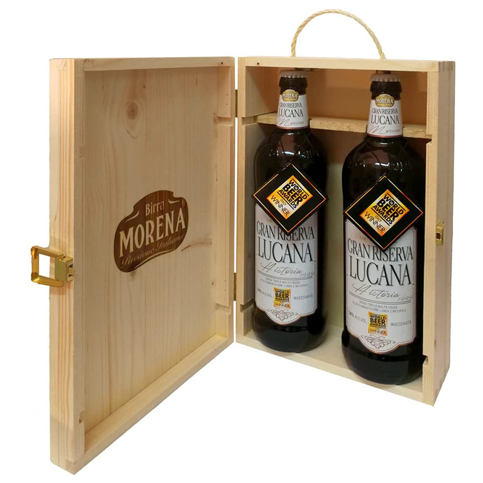Cassa in Legno di Abetecon 2 bottiglie 75 cl - Gran Riserva Lucana Triplo Malto Birra Morena vista1