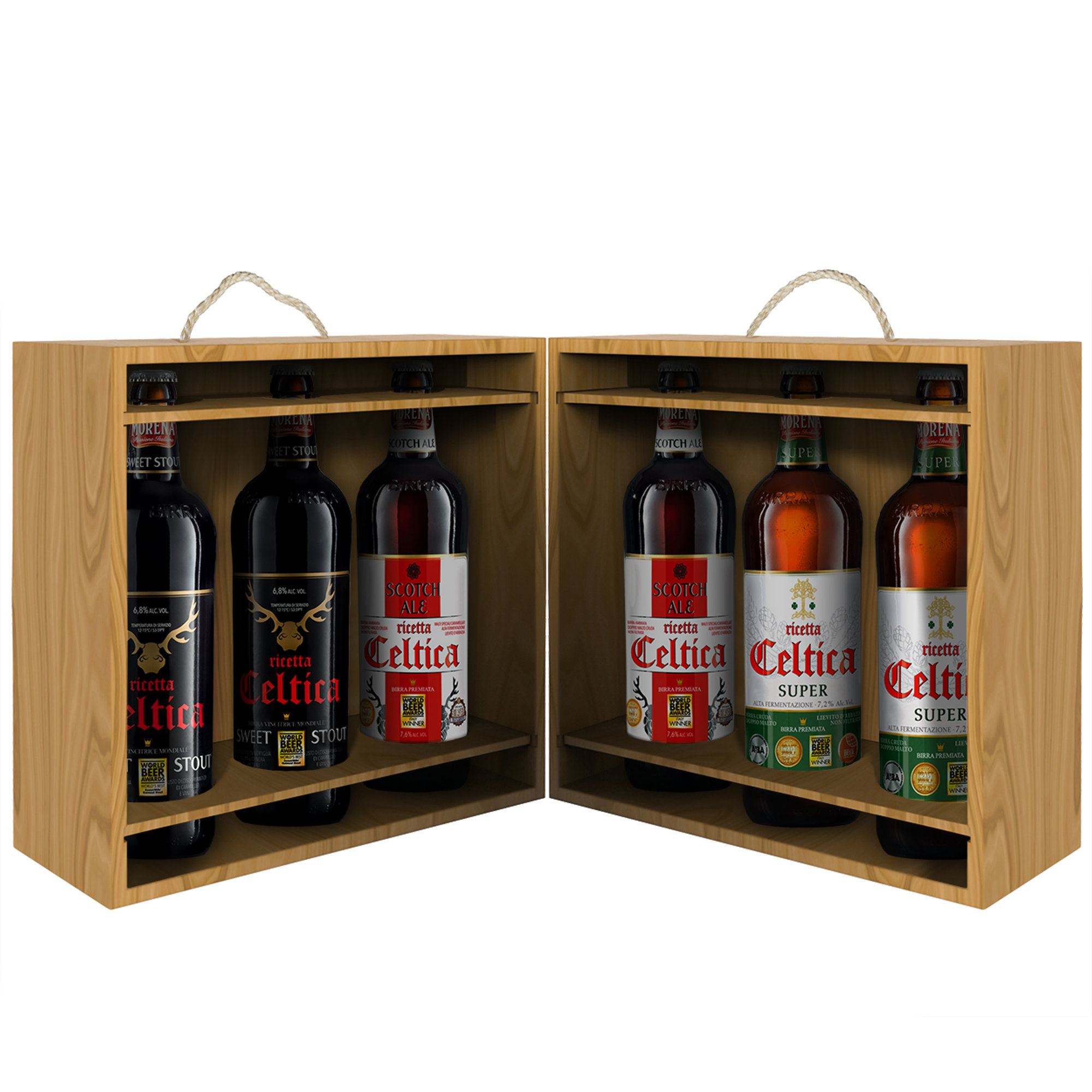 Cassa in Legno di Abete con 6 bottiglie miste 75 cl: 2 Celtica Stout Doppio Malto - 2 Celtica Super Doppio Malto - 2 Celtica Scotch Ale Doppio Malto Birra Morena vista1
