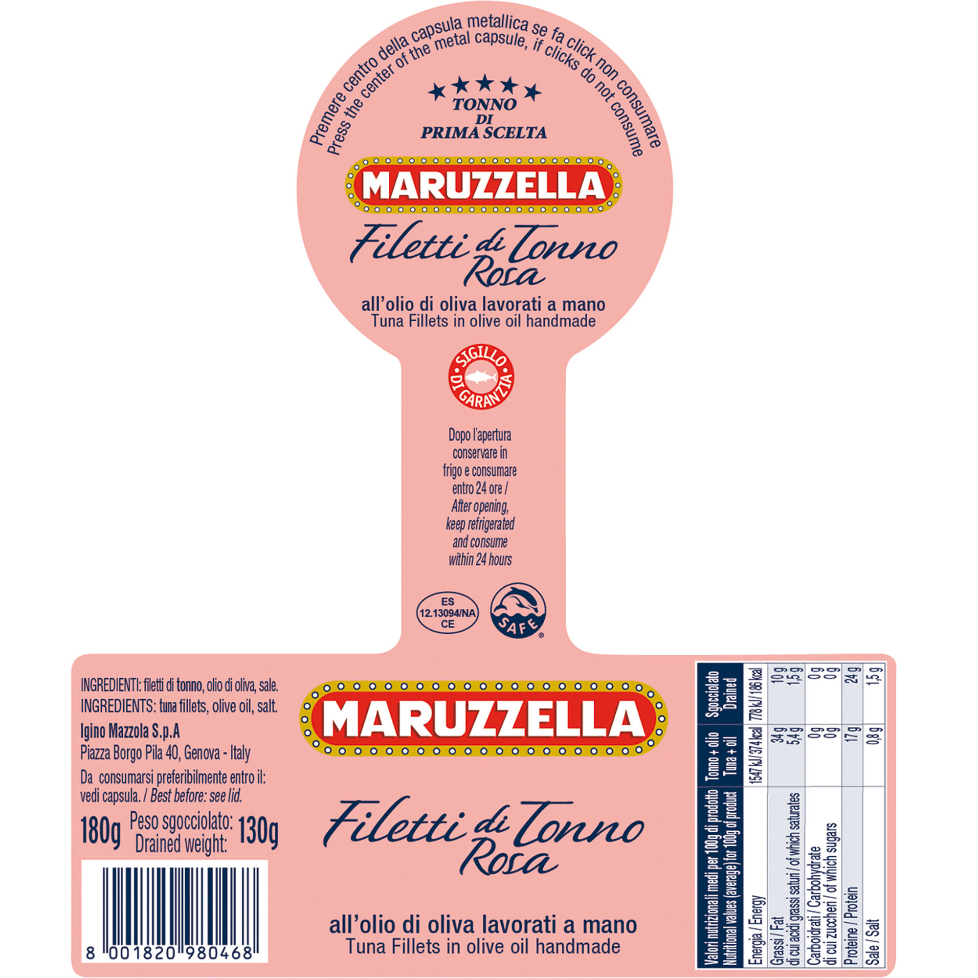 12 frascos - Filetes de atún rosa en aceite de oliva 180 gr Maruzzella vista1