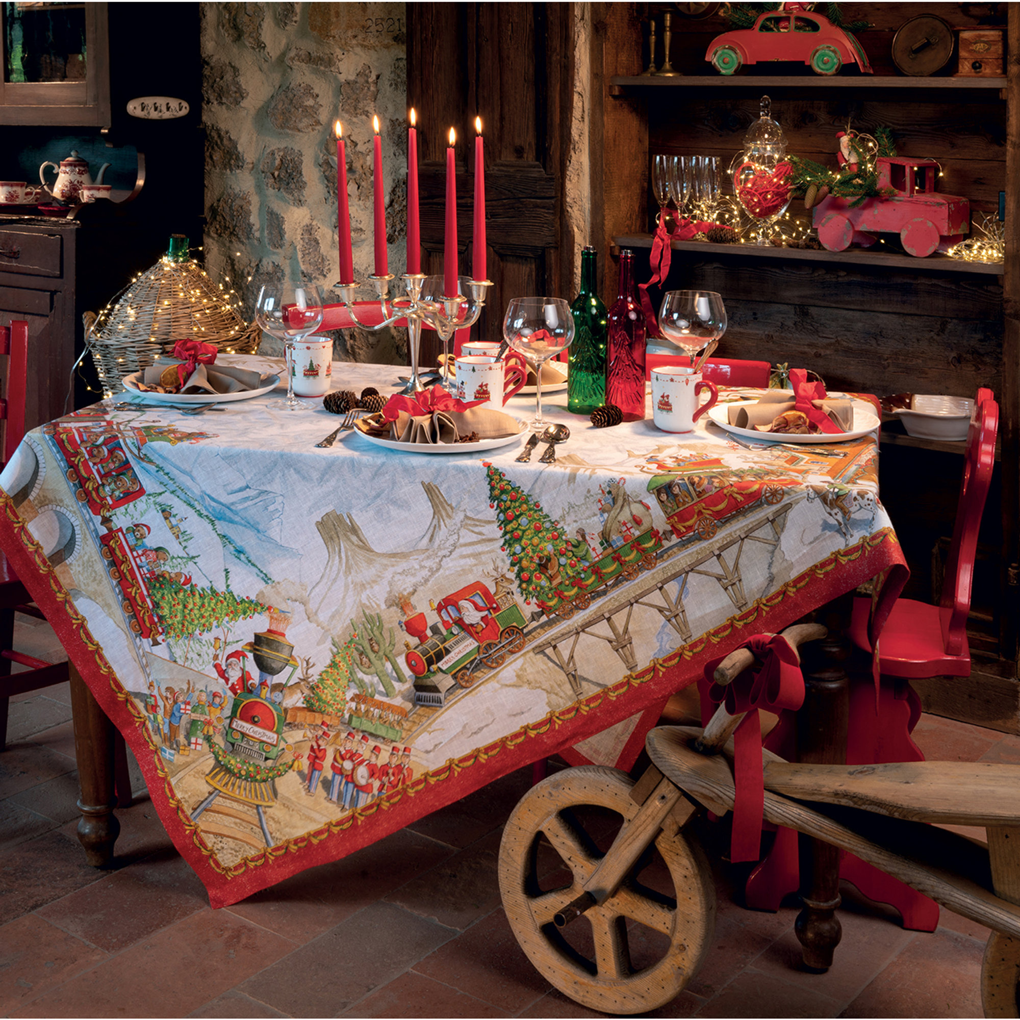 Tovaglia Christmas Express Tessitura Toscana Telerie Natale vista1