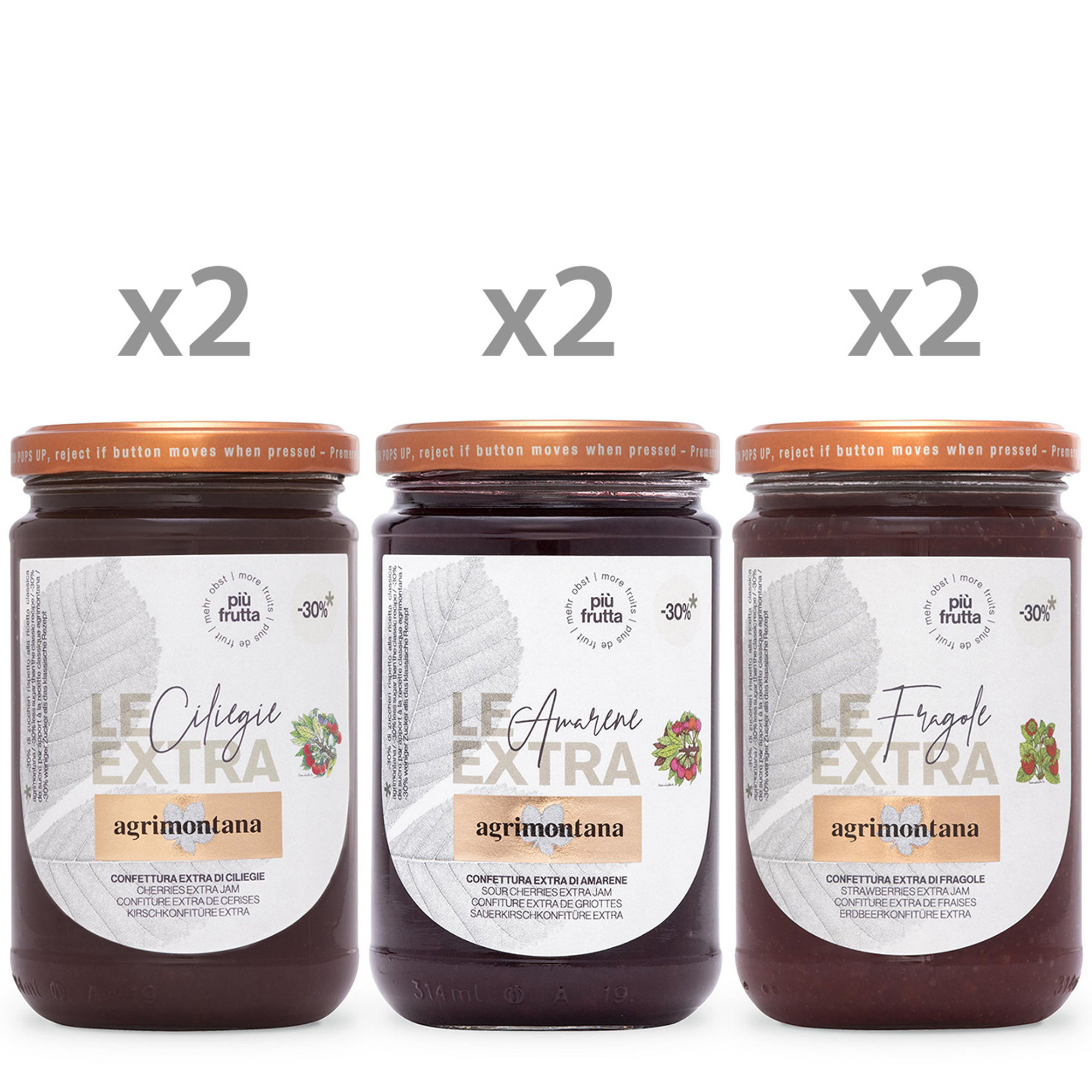 6 Confetture "Le Extra" con meno zucchero da 330 gr: 2 Ciliegie, 2 Amarene, 2 Fragole Agrimontana vista0