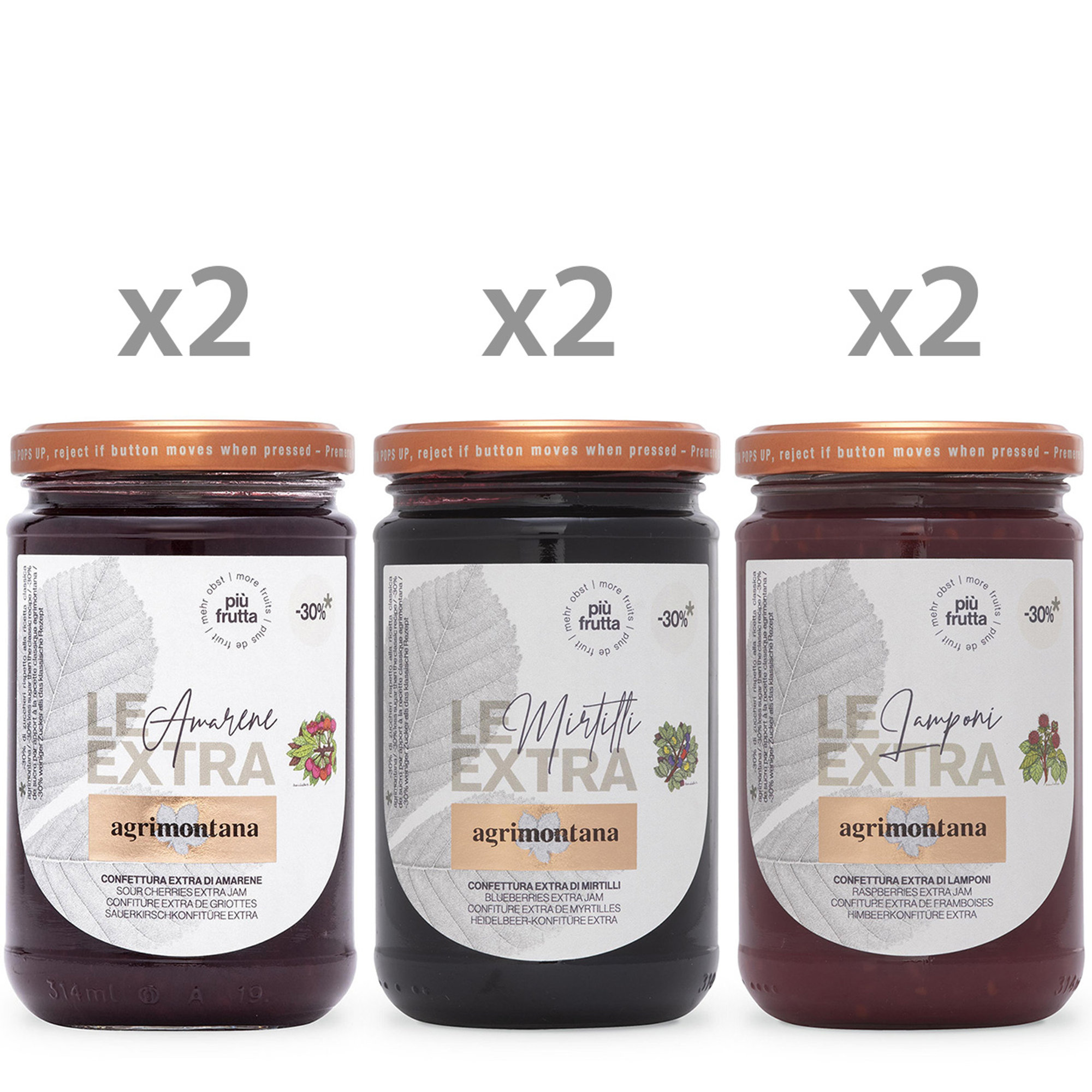 6 Confetture "Le Extra" con meno zucchero da 330 gr: 2 Amarene, 2 Mirtilli Selvatici, 2 Lamponi Agrimontana vista0