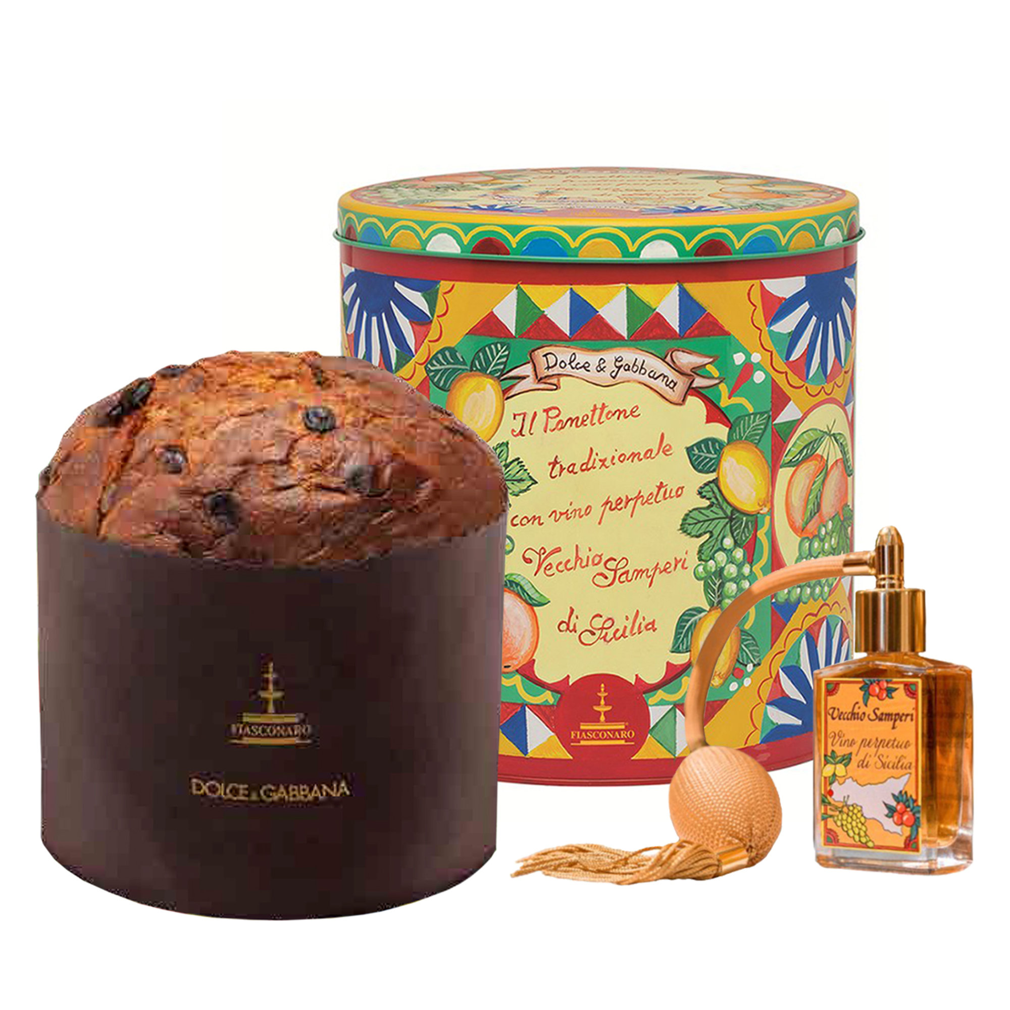 Panettone al vino perpetuo Vecchio Samperi Dolce & Gabbana 1 kg in latta con boccetta in vetro e nebulizzatore Fiasconaro vista0
