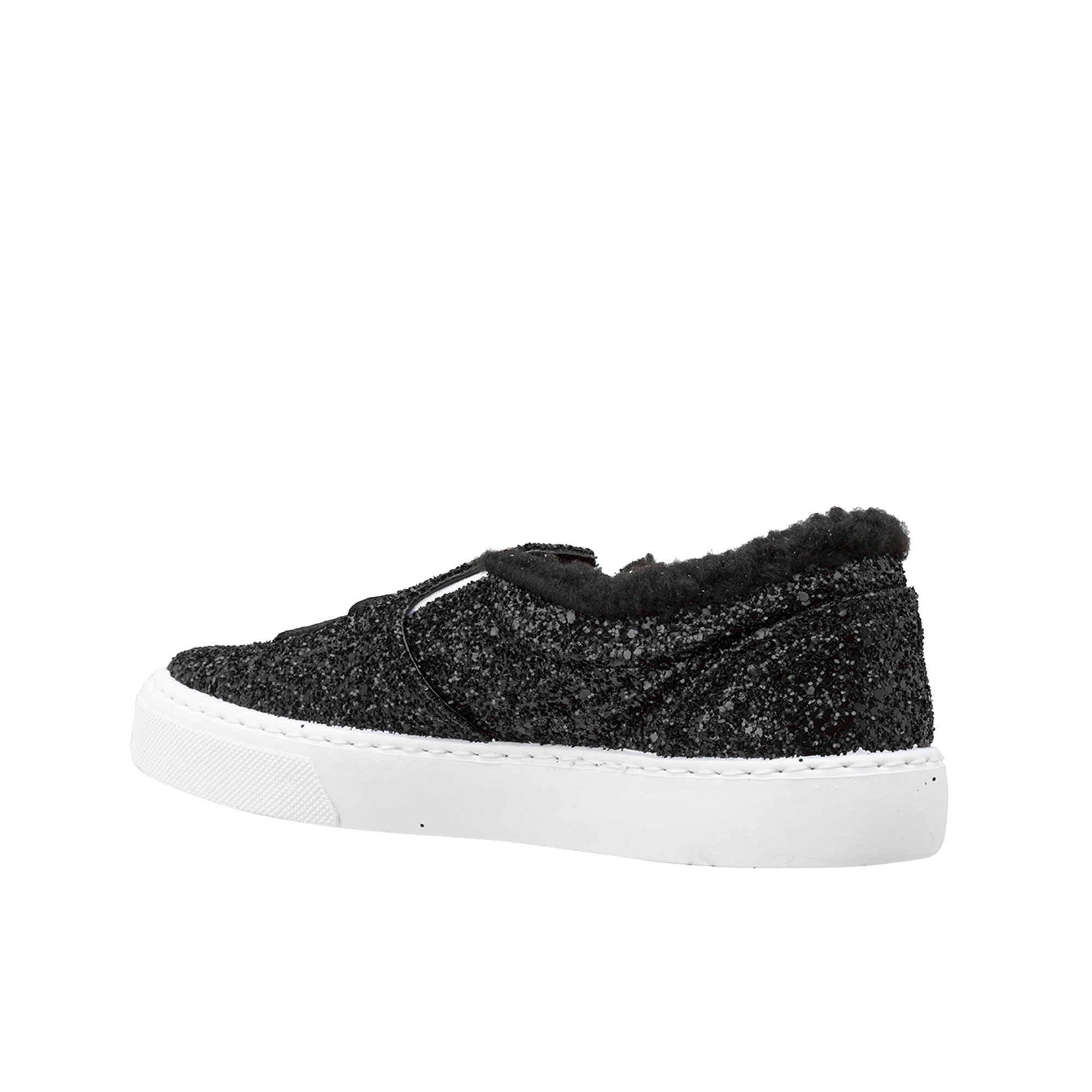 Slip-on in glitter ed eco fur neri Chiara Ferragni  vista1