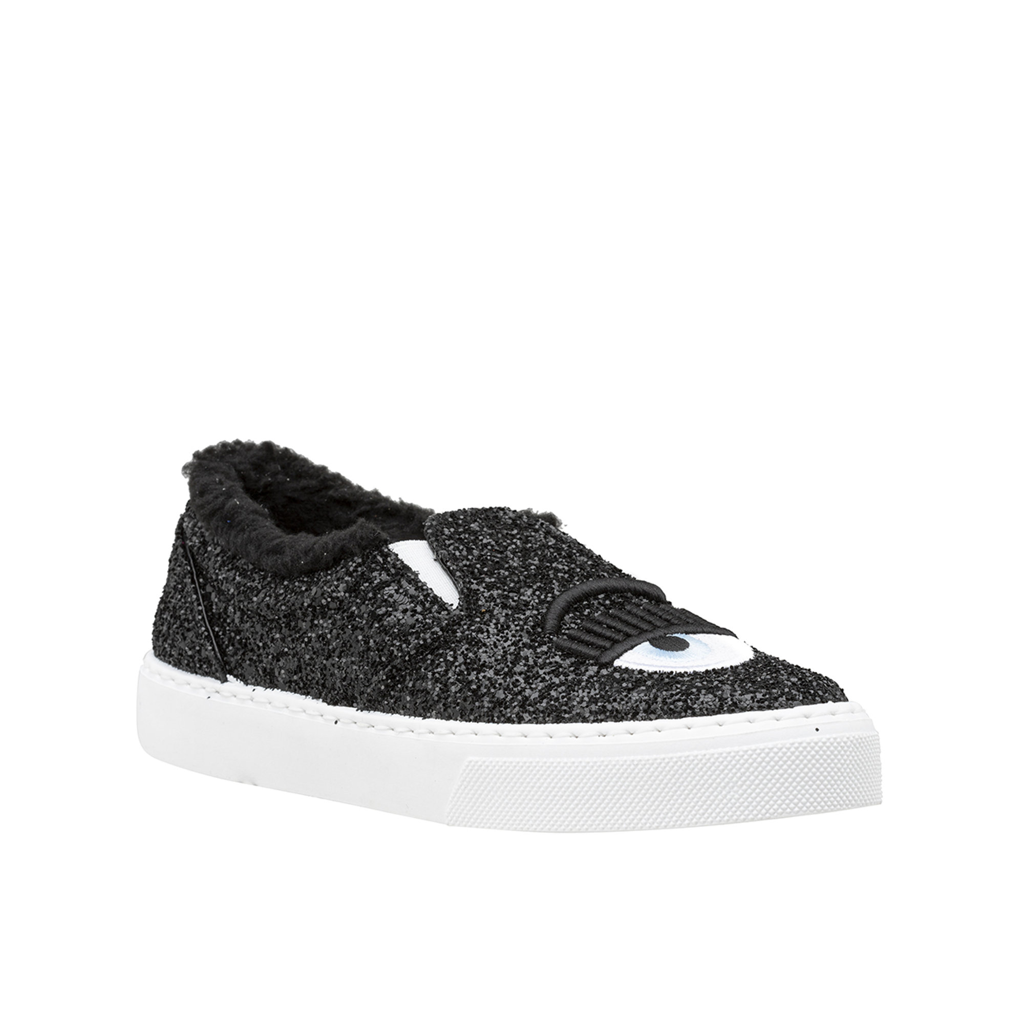 Slip-on in glitter ed eco fur neri Chiara Ferragni  vista2
