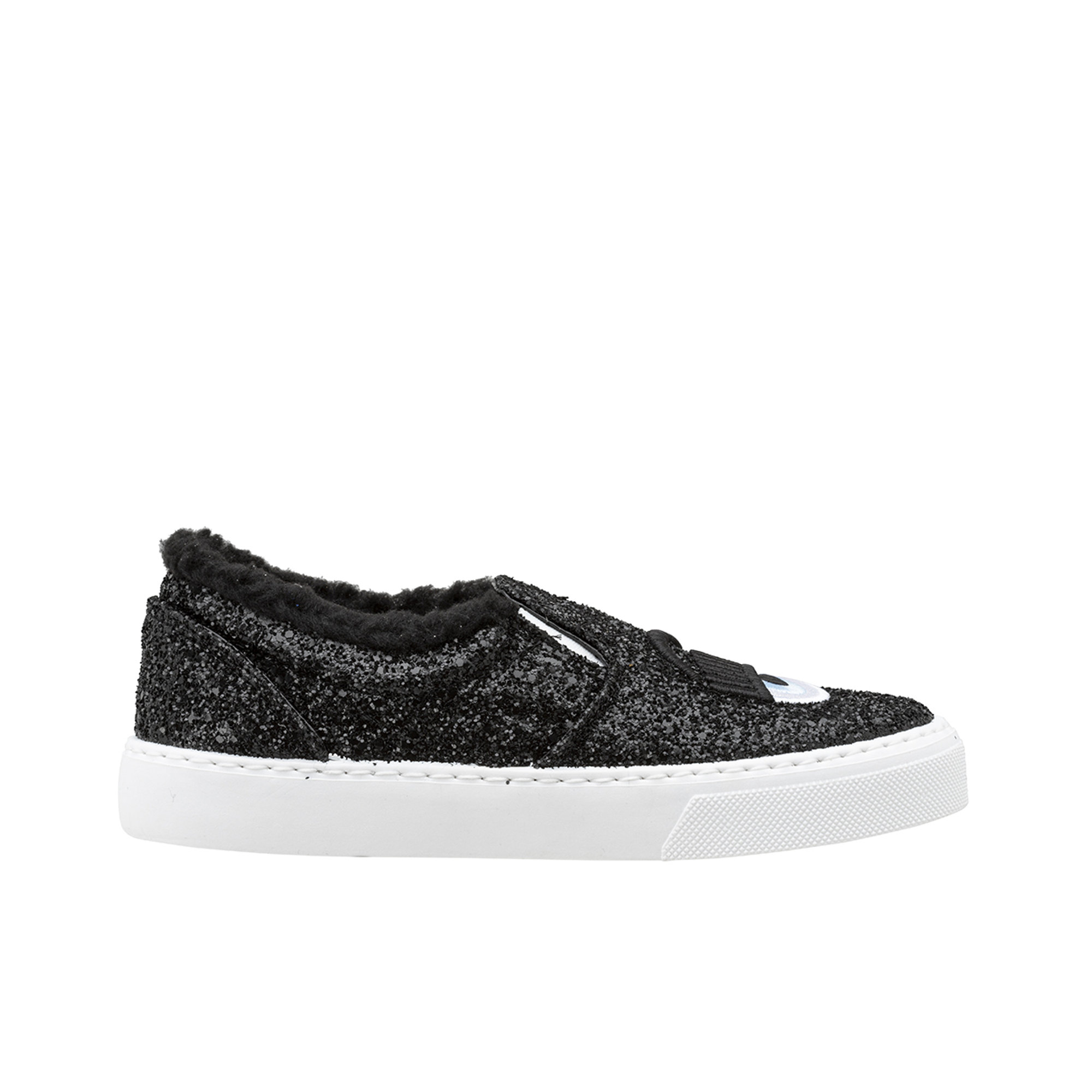 Slip-on in glitter ed eco fur neri Chiara Ferragni  vista0