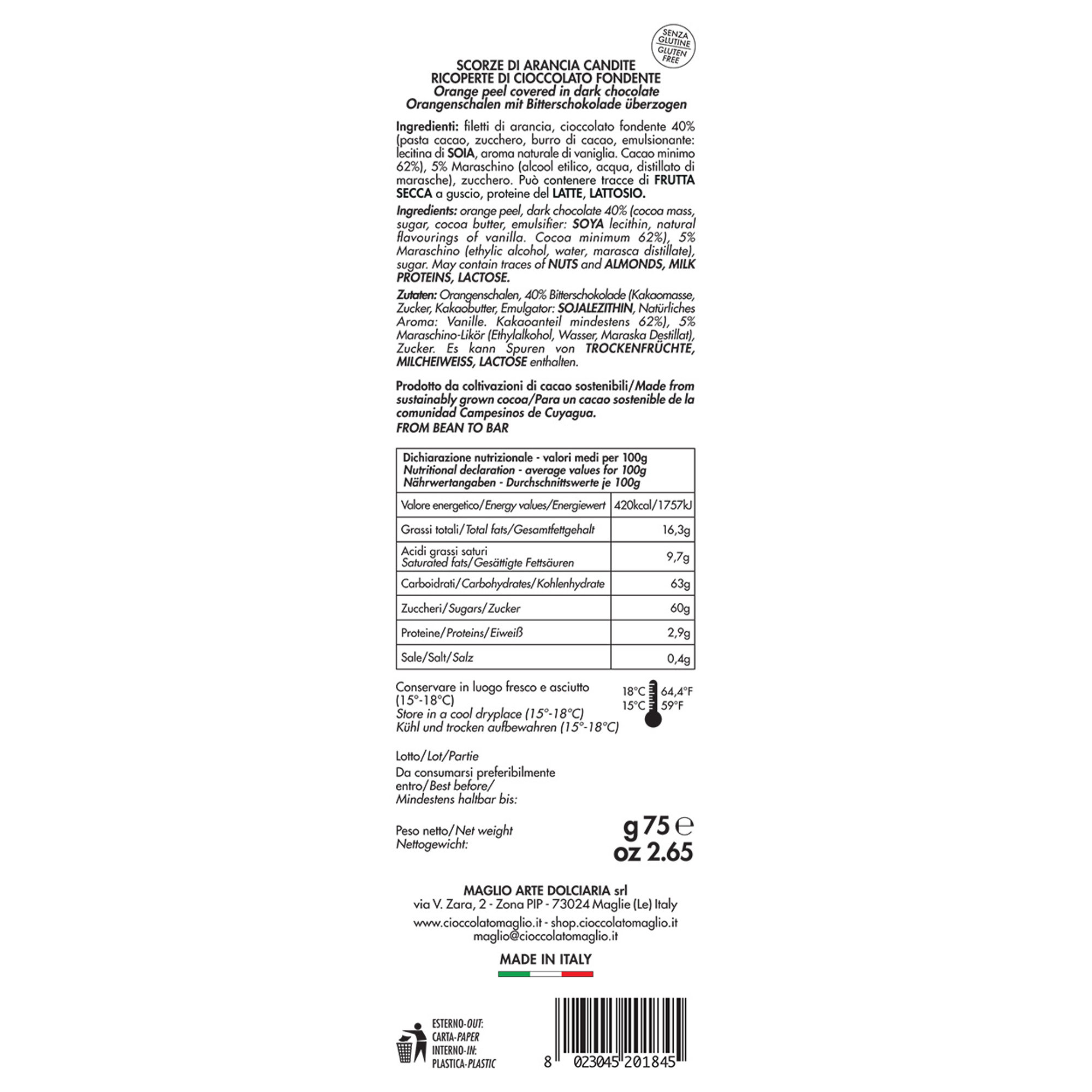 3 astucci - Filetti di Arancia ricoperti di cioccolato 75 gr Maglio Arte Dolciaria vista1