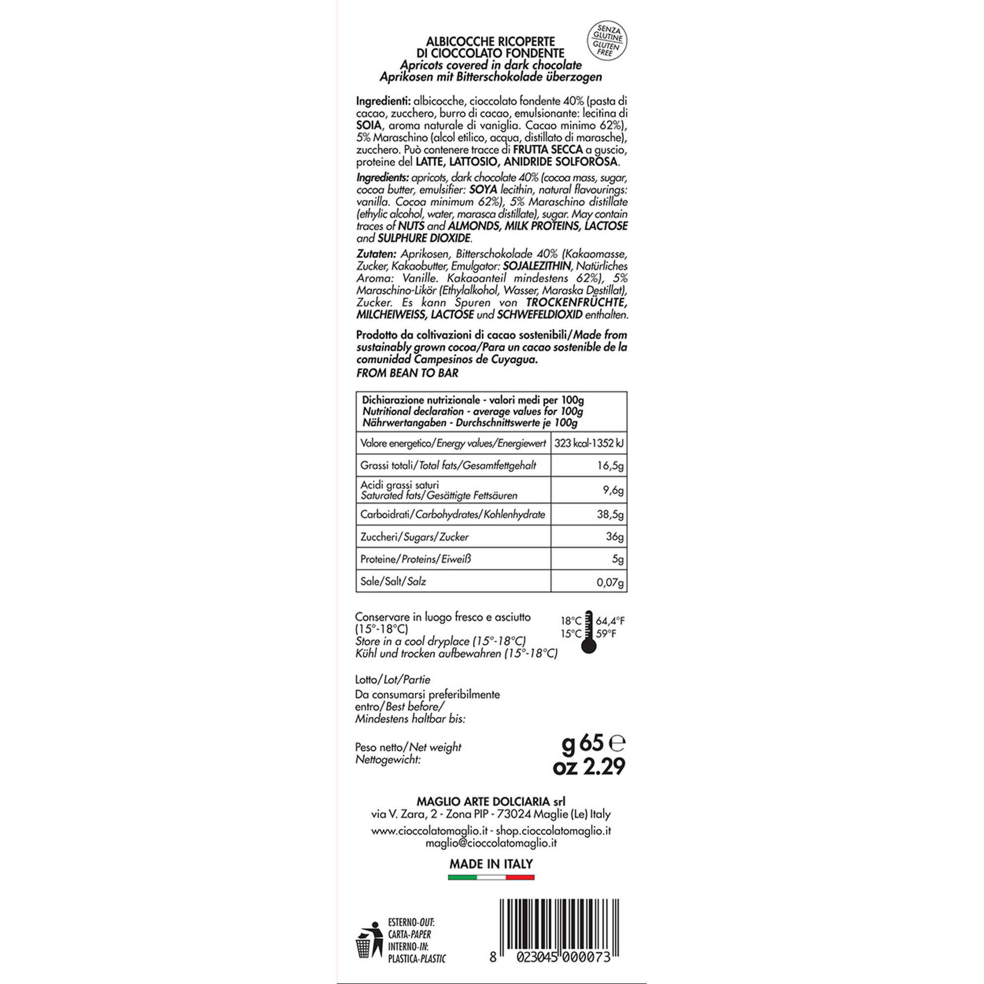 3 astucci - Albicocche ricoperte di cioccolato 65 gr Maglio Arte Dolciaria vista1