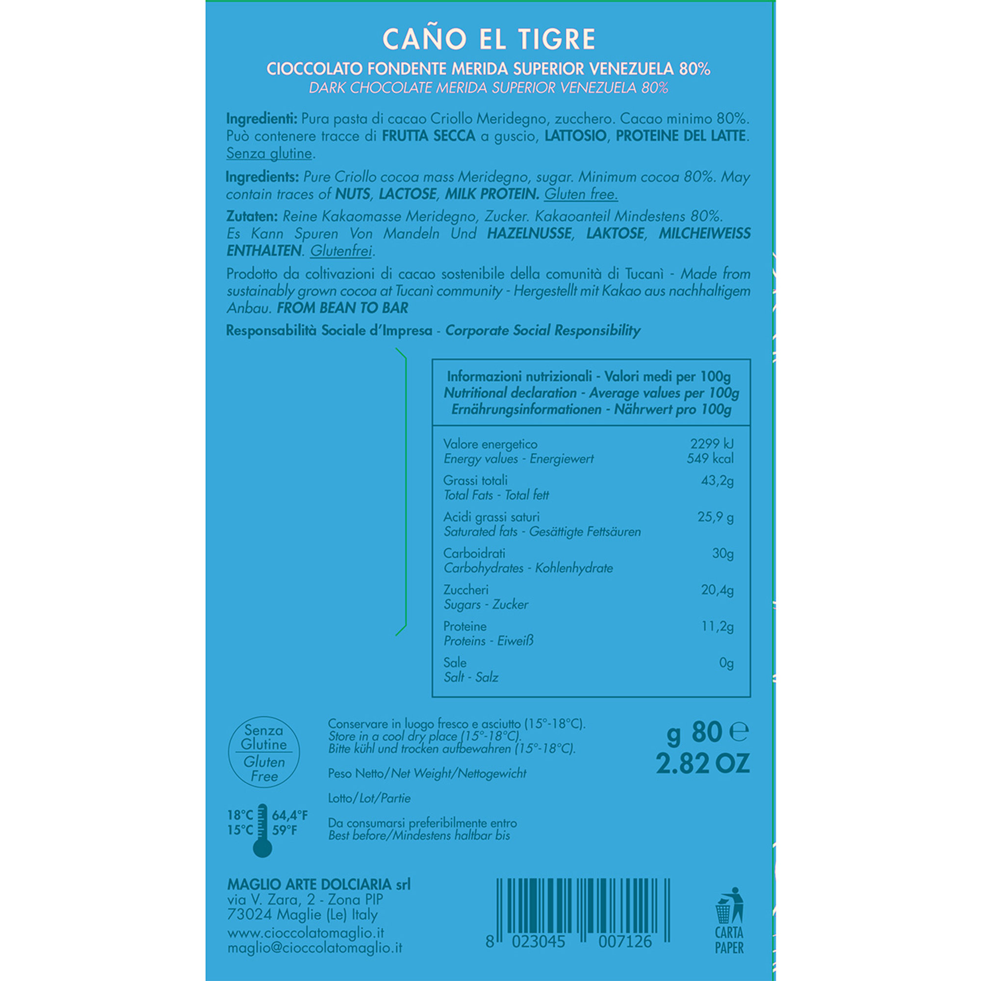 4 tavolette - "Cano El Tigre" 80% Cacao Criollo 80 gr Maglio Arte Dolciaria vista2