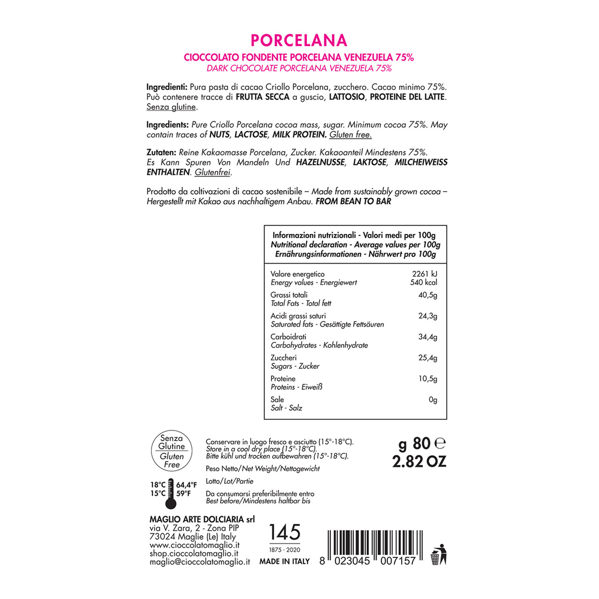 4 tavolette - "Porcellana Limited Edition" 75% Cacao Criollo 80 gr Maglio Arte Dolciaria vista2