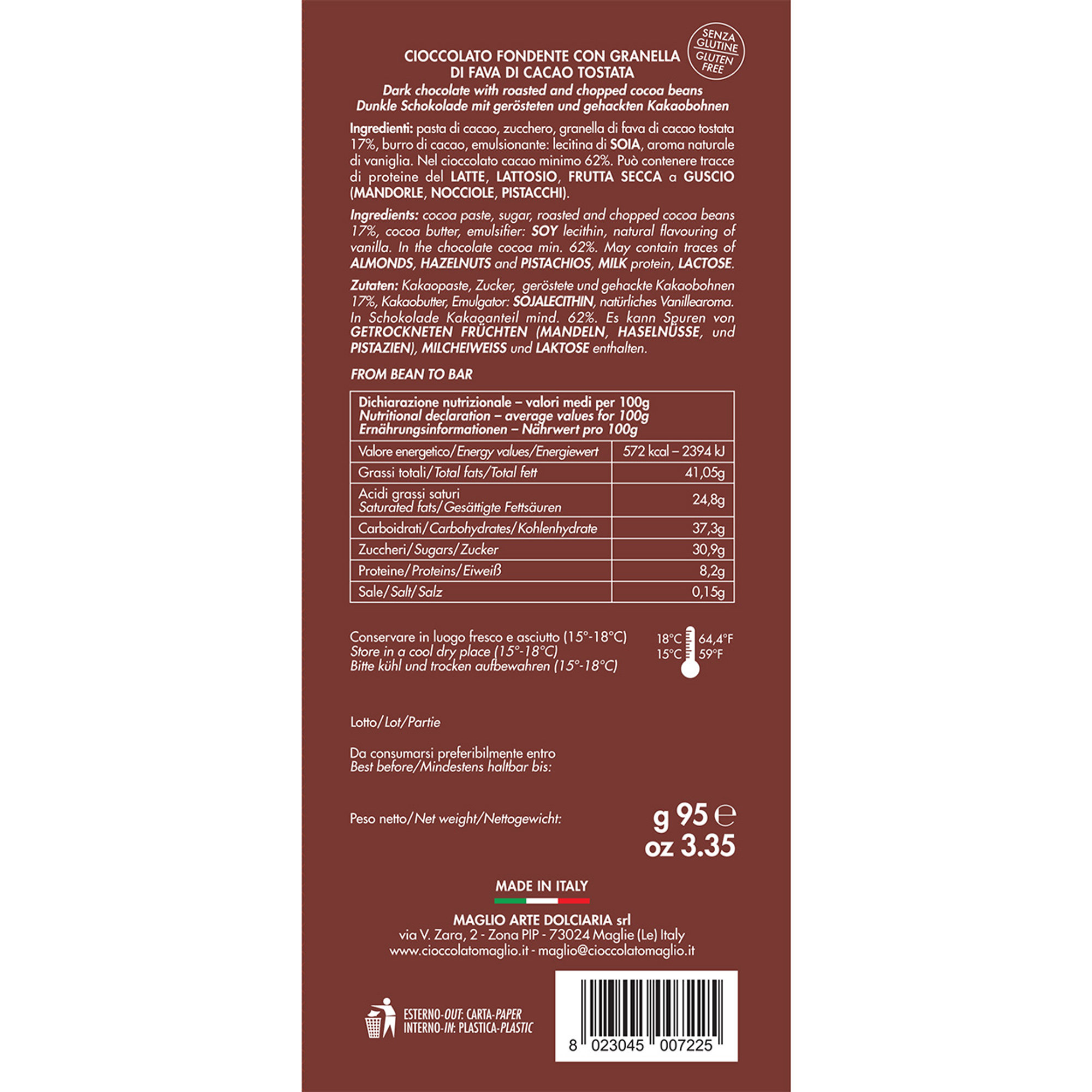 6 tavolette - Cioccolato Fondente con Fave di Cacao 95 gr Maglio Arte Dolciaria vista1