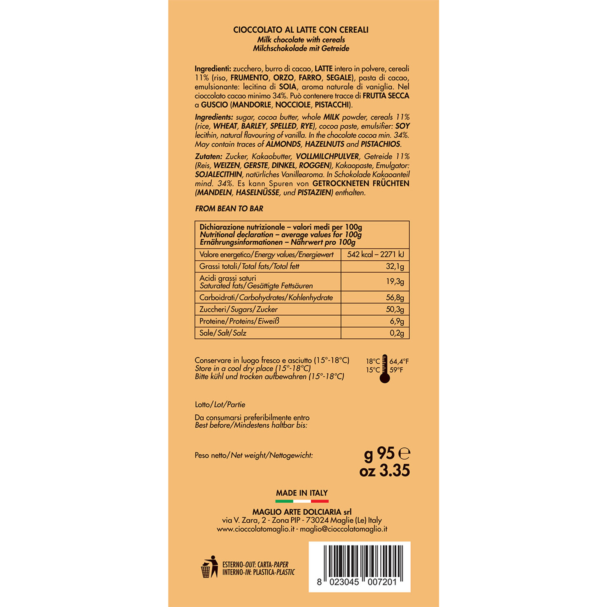 6 tavolette - Cioccolato al Latte con Cereali 95 gr Maglio Arte Dolciaria vista1