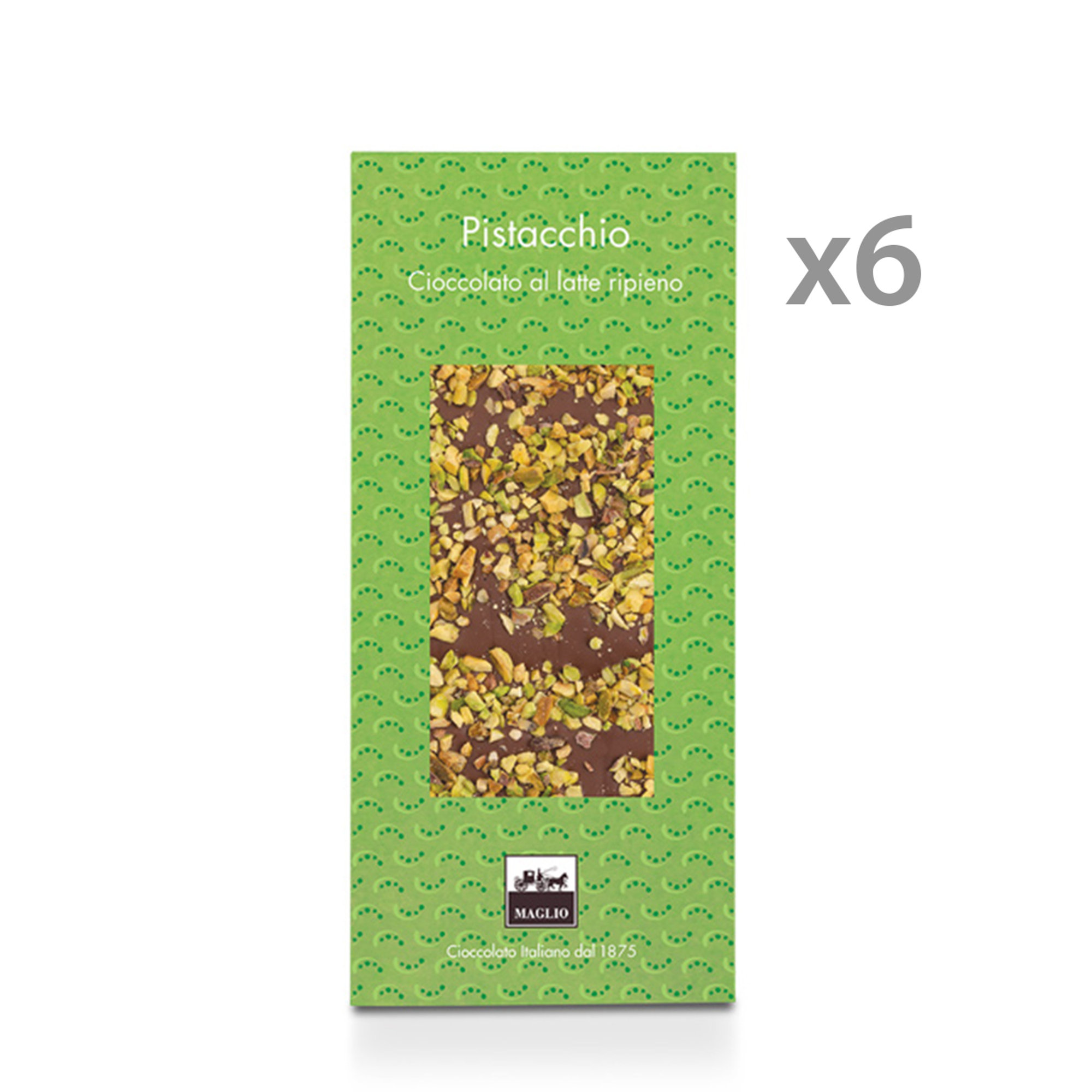 6 tavolette - Cioccolato al Latte con ripieno e granella di Pistacchi 95 gr Maglio Arte Dolciaria vista0