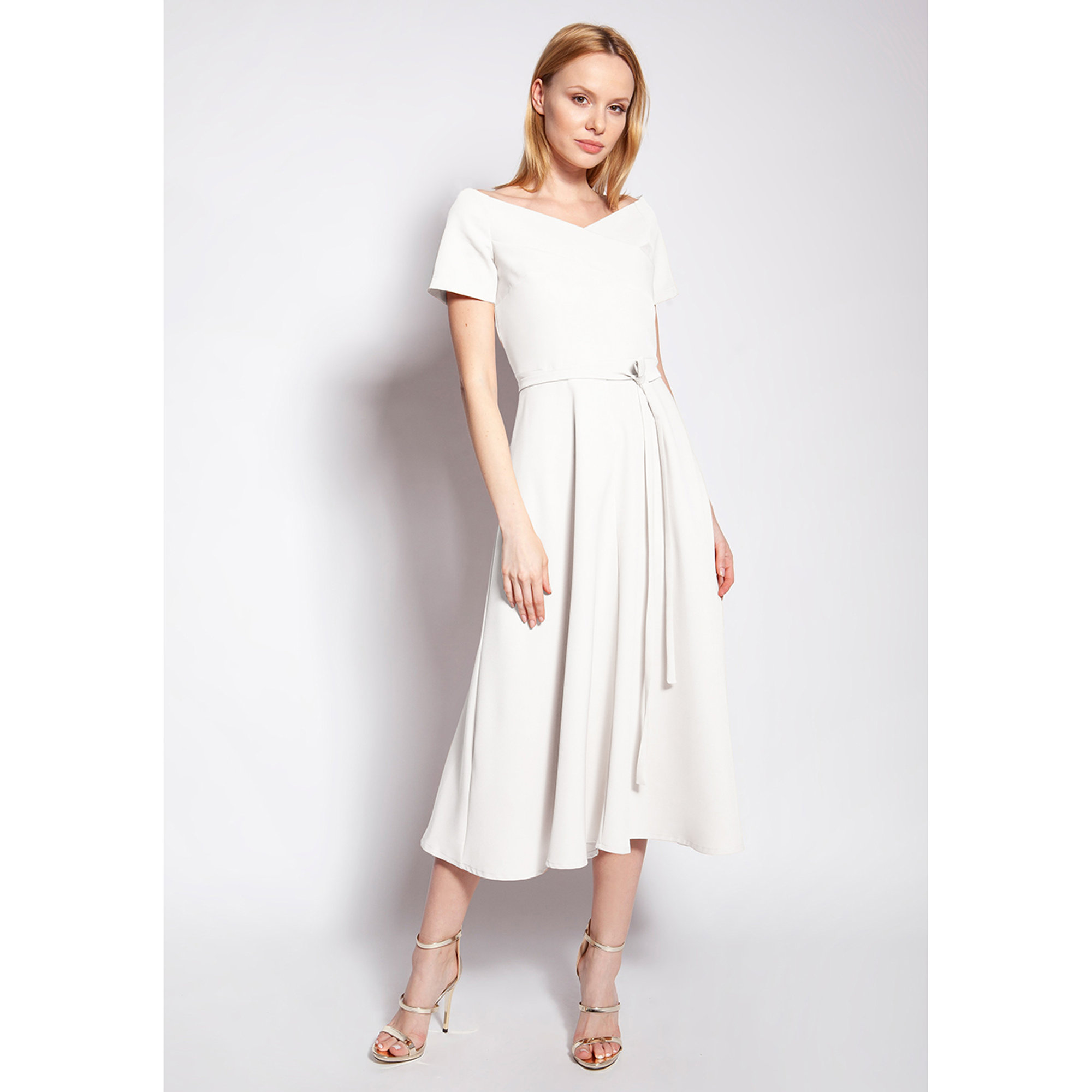 Vestito midi con scollo carmen beige Lanti vista0
