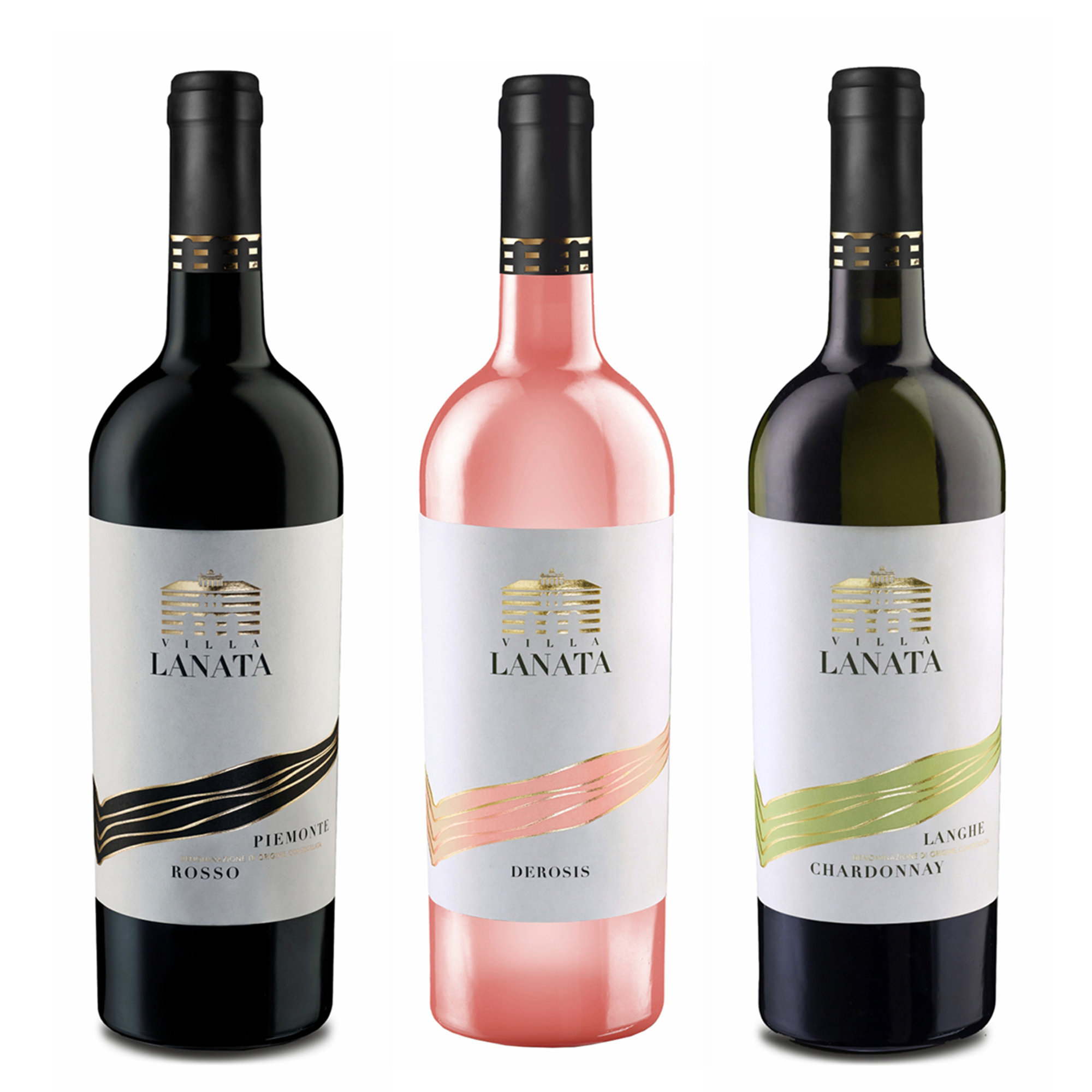 3 bottiglie miste in cassa di legno: Langhe DOC Chardonnay 2019 - Piemonte DOC Rosato "Derosis" 2019 - Piemonte DOC Rosso 2017 Villa Lanata vista1