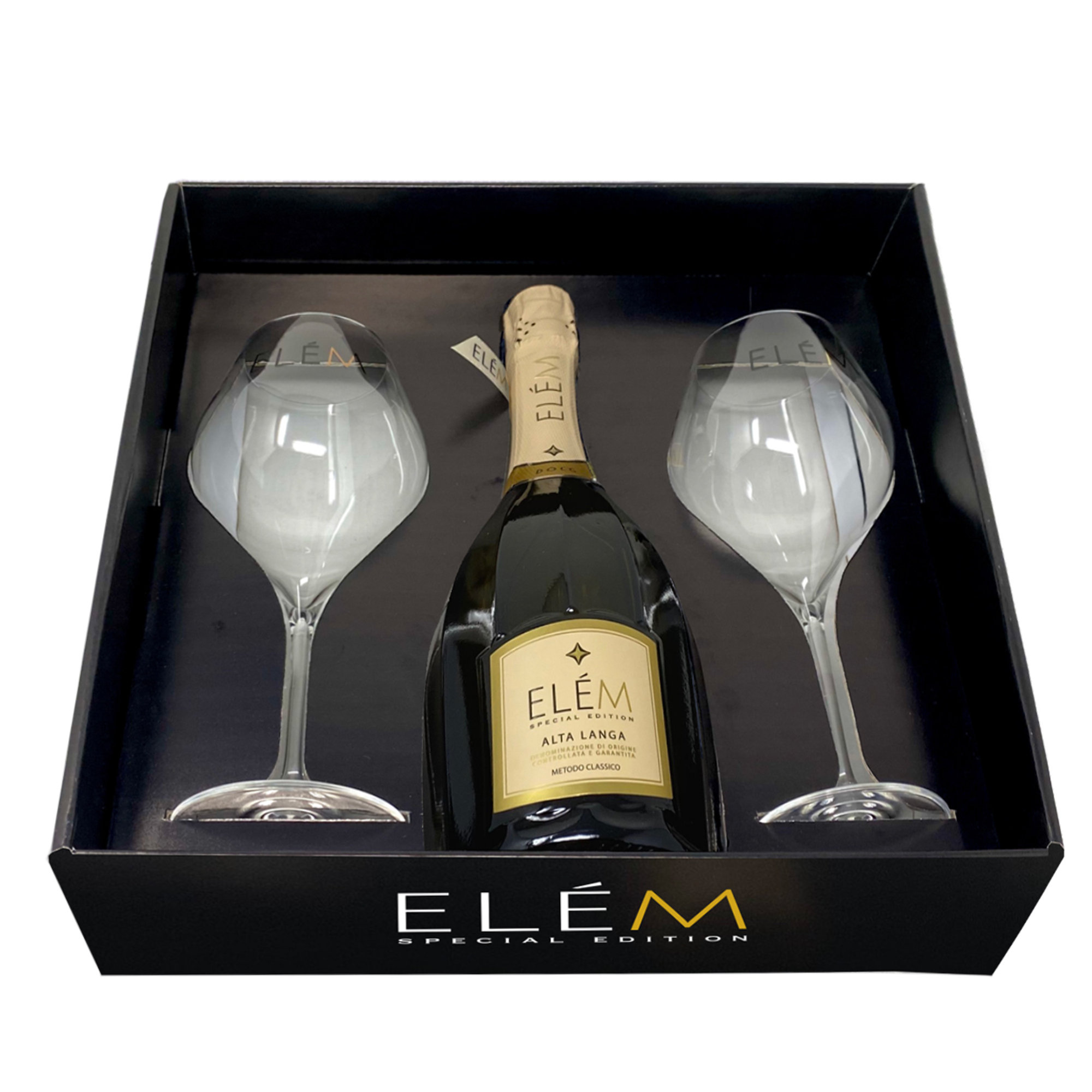 Confezione Premium con Alta Langa DOCG Metodo Classico Pas Dosè 2015 + 2 Bicchieri Elem vista1