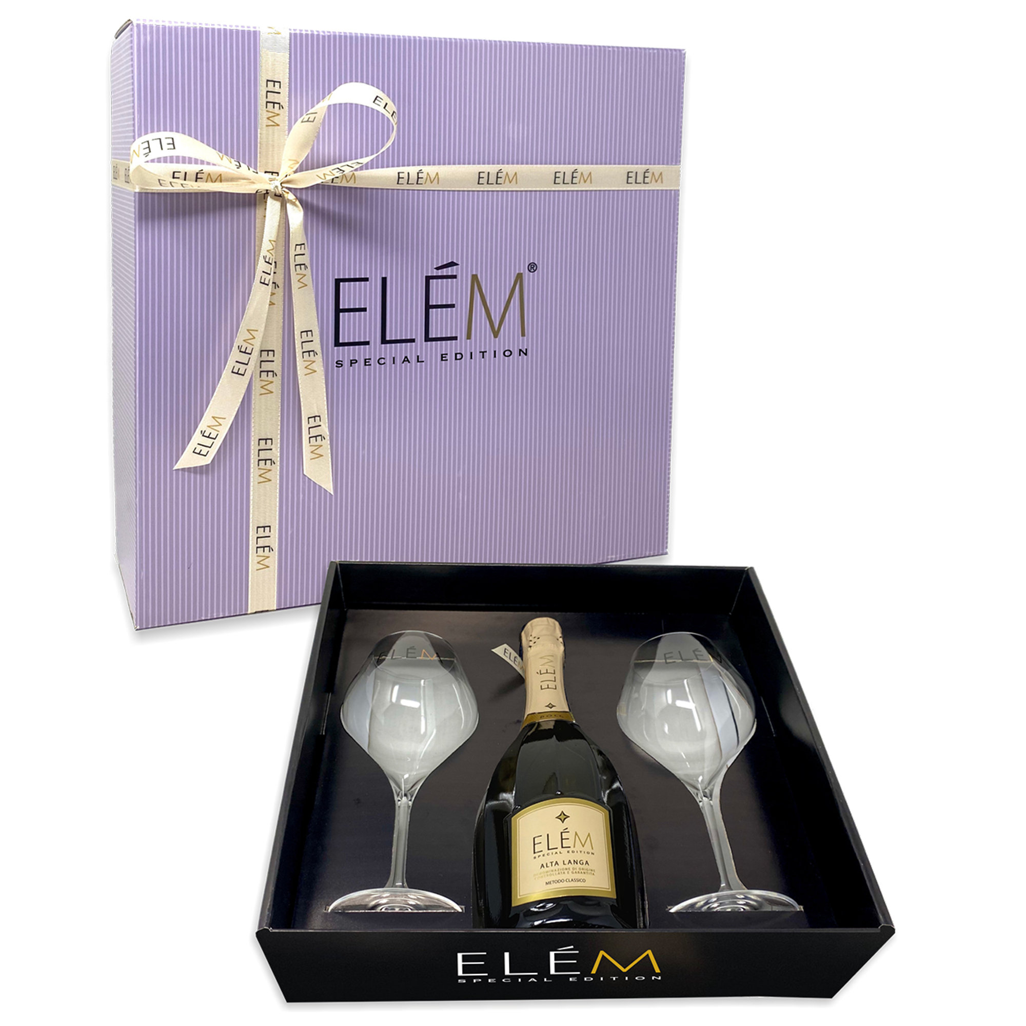 Confezione Premium con Alta Langa DOCG Metodo Classico Pas Dosè 2015 + 2 Bicchieri Elem vista2