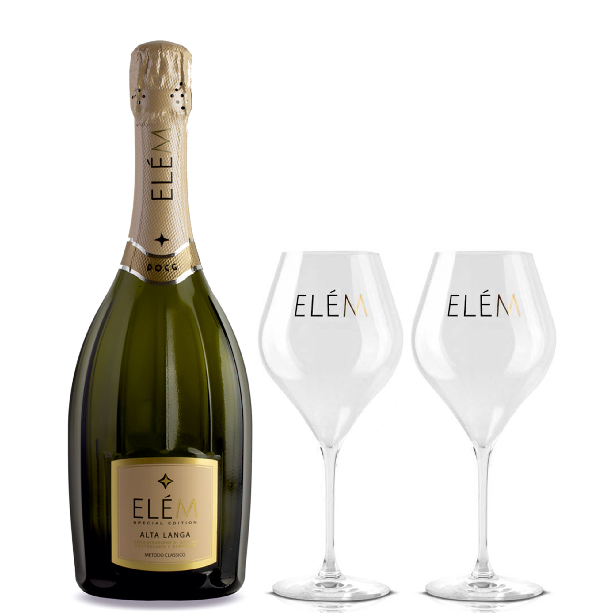 Confezione Premium con Alta Langa DOCG Metodo Classico Pas Dosè 2015 + 2 Bicchieri Elem vista0