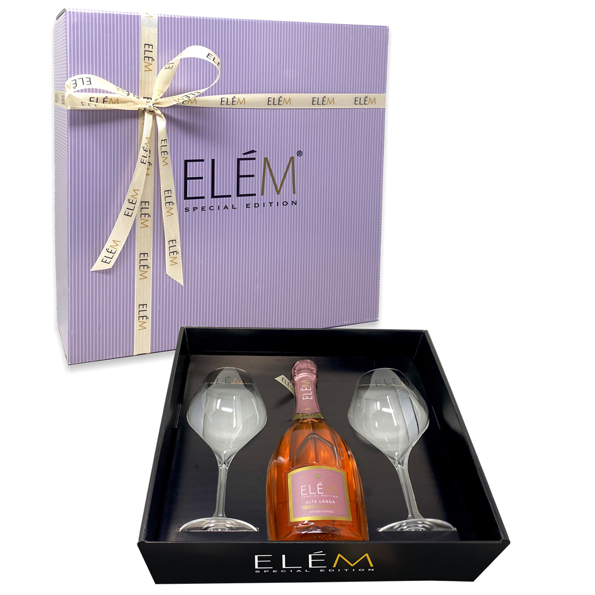 Confezione Premium con Alta Langa DOCG Metodo Classico Rosé 2016 + 2 Bicchieri Elem vista2