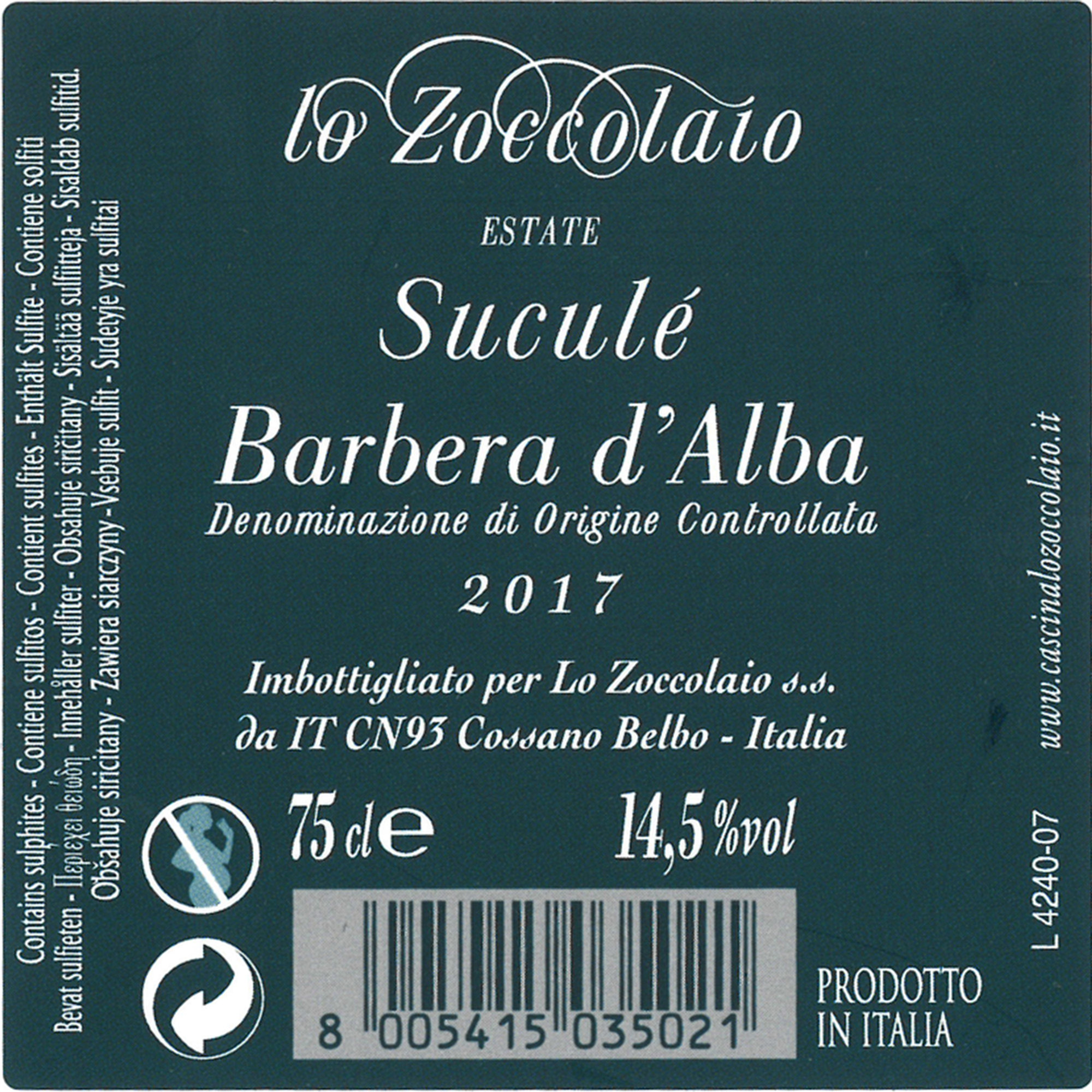 3 bottiglie - "Suculè" Barbera d'Alba DOC 2017 - 2018 + Cavatappi in OMAGGIO Lo Zoccolaio vista1