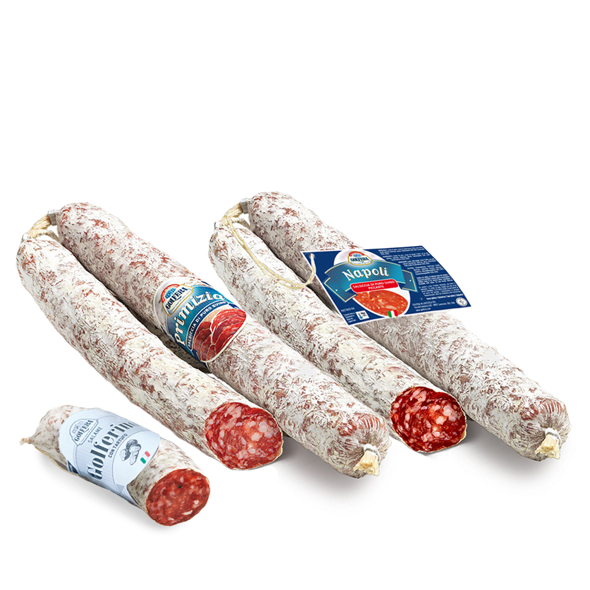 Boîte de dégustation : Saucisse Assaisonnée Primizia 600 gr - Saucisse Napoli épicée Bagetta 600 gr - Golferino Salami à la Truffe 220 gr Golfera vista0