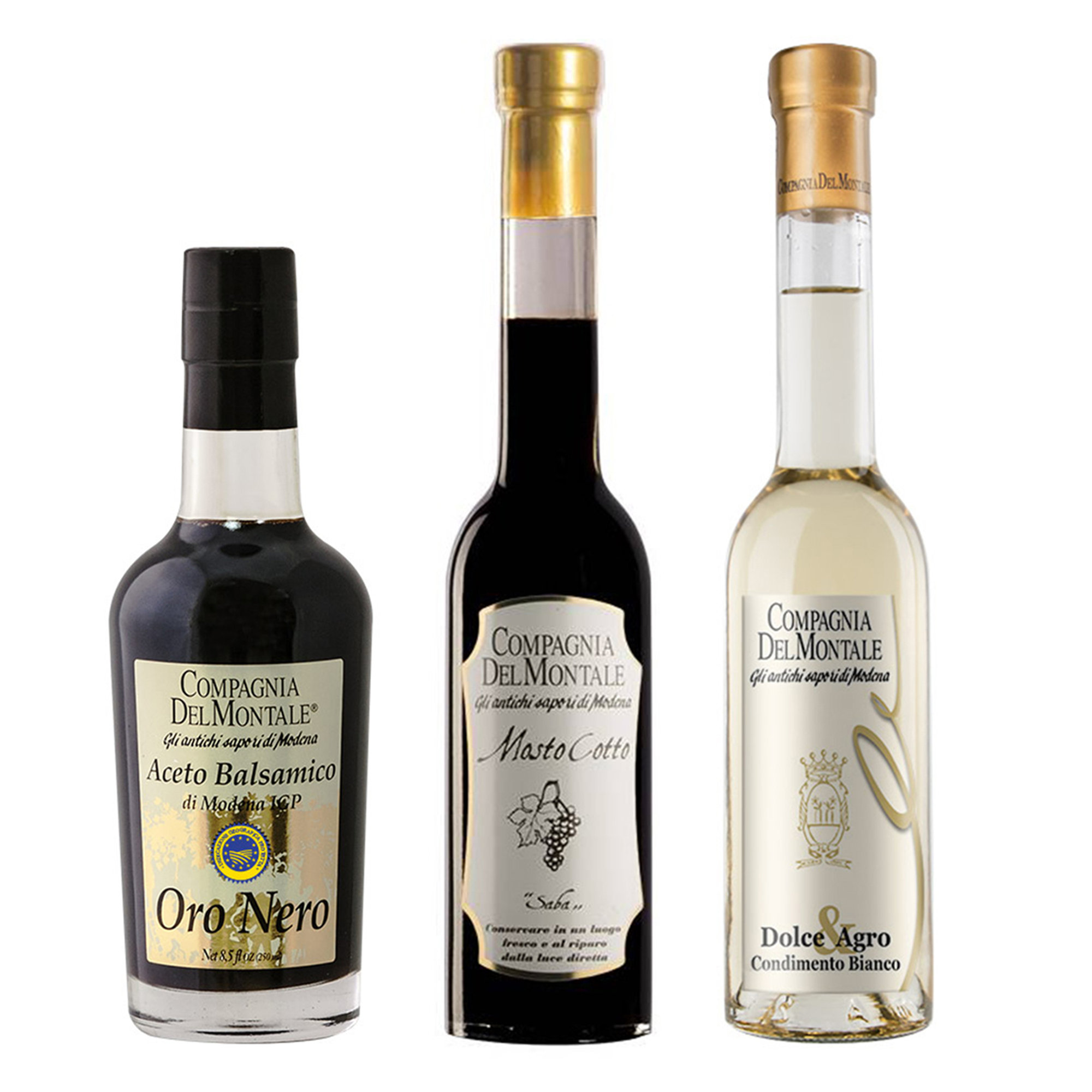 3 prodotti misti: Oro Nero - Mosto Cotto Saba - Condimento Bianco Compagnia del Montale vista0