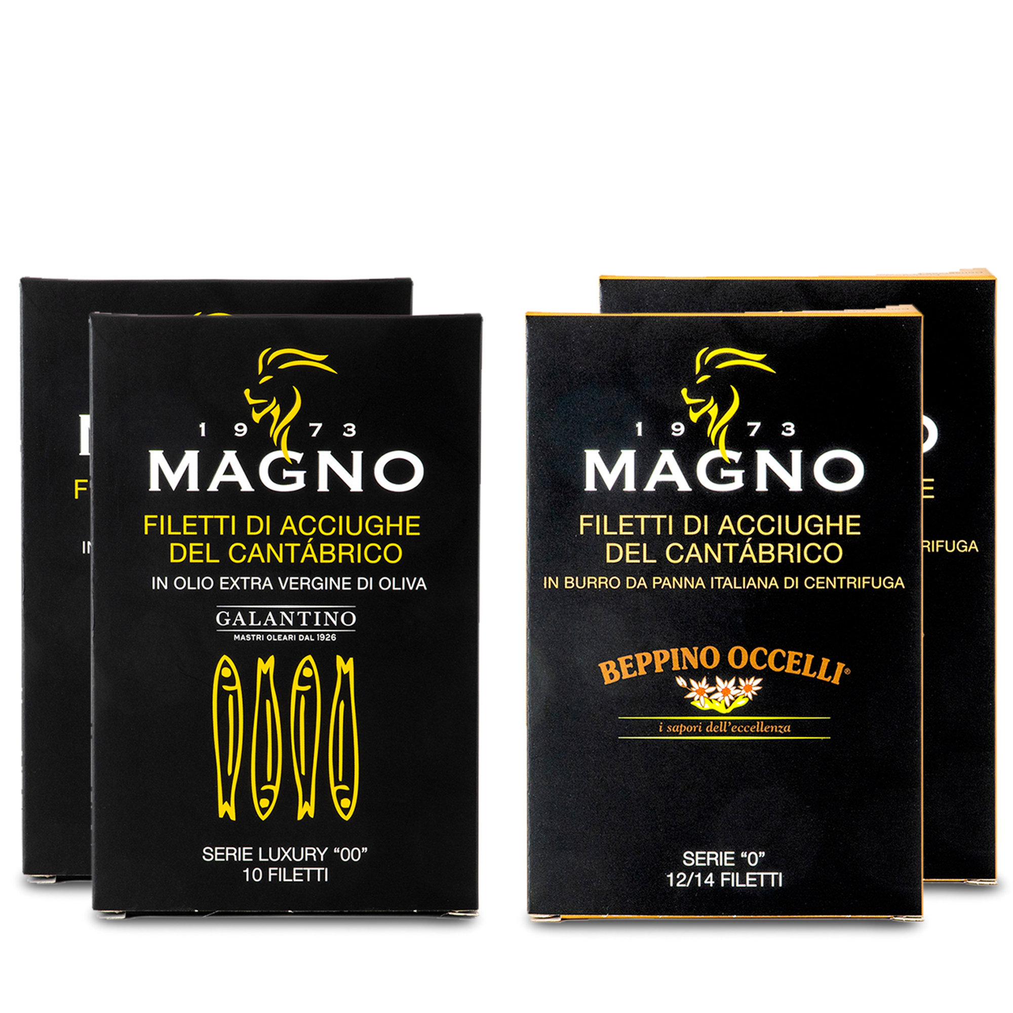 4 confezioni Filetti di acciughe del Cantabrico: 2 Serie Luxury "00" in olio EVO - 2 in burro Beppino Occelli Magno vista0