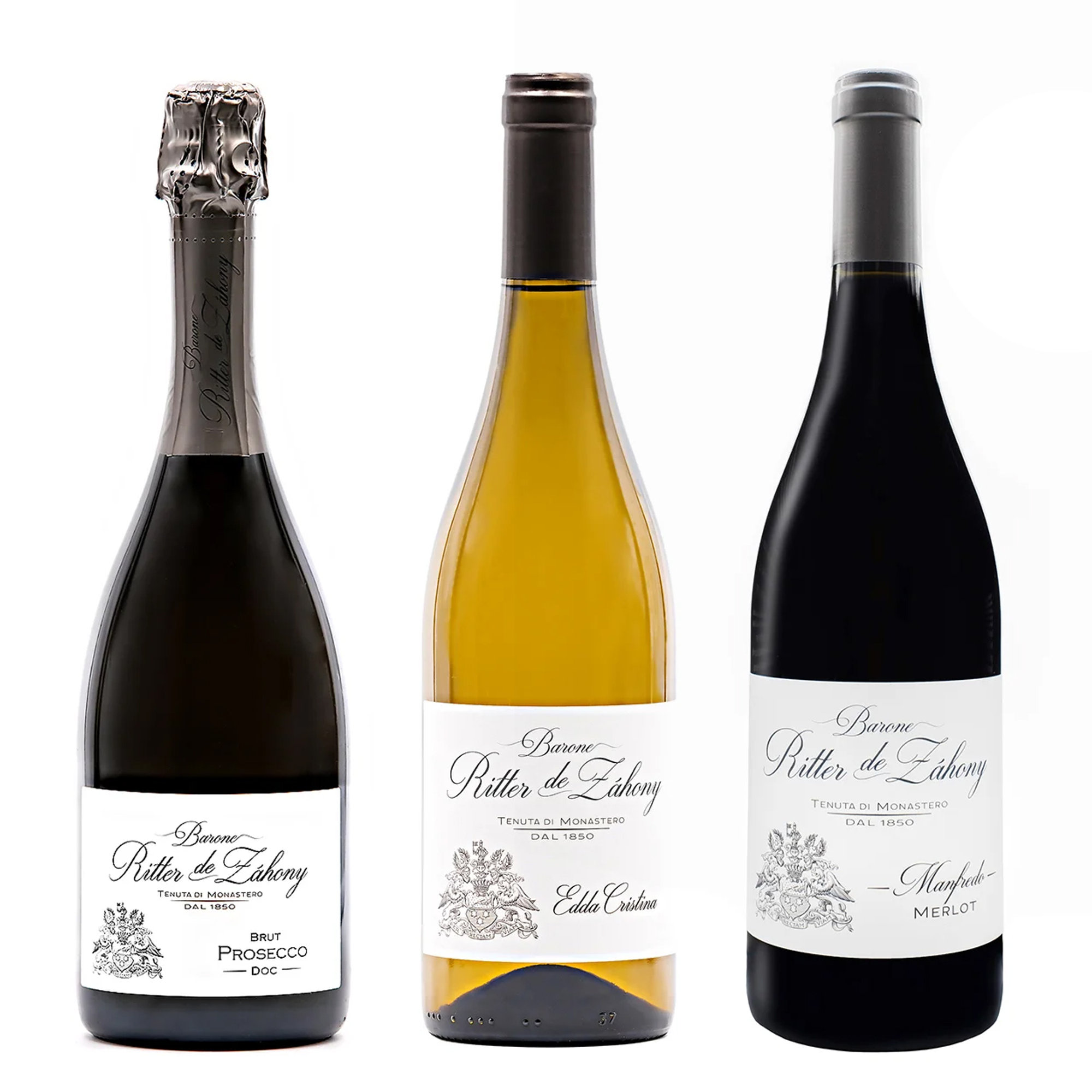 3 bottiglie miste: Prosecco Brut DOC - Edda Cristina Bianco Aromatico 2021 - Merlot DOC Friuli Aquileia 2019 Barone Ritter de Zahony vista0