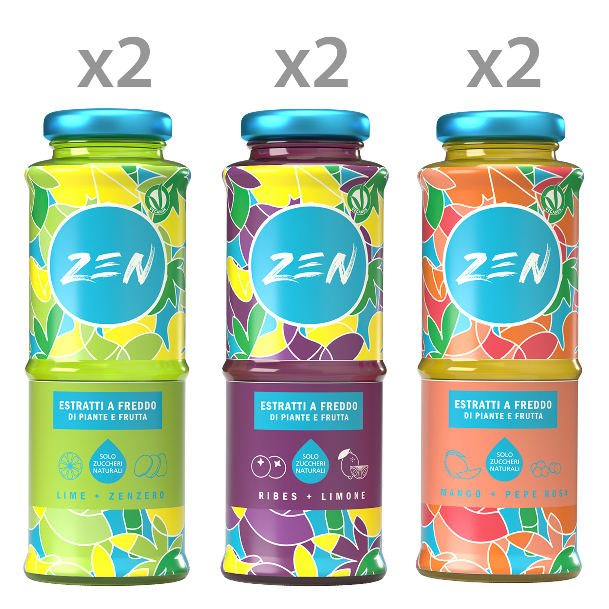 6 Estratti "ZEN" misti 200 ml: 2 Lime e Zenzero, 2 Ribes e Limone, 2 Mango e Pepe OriOra vista0