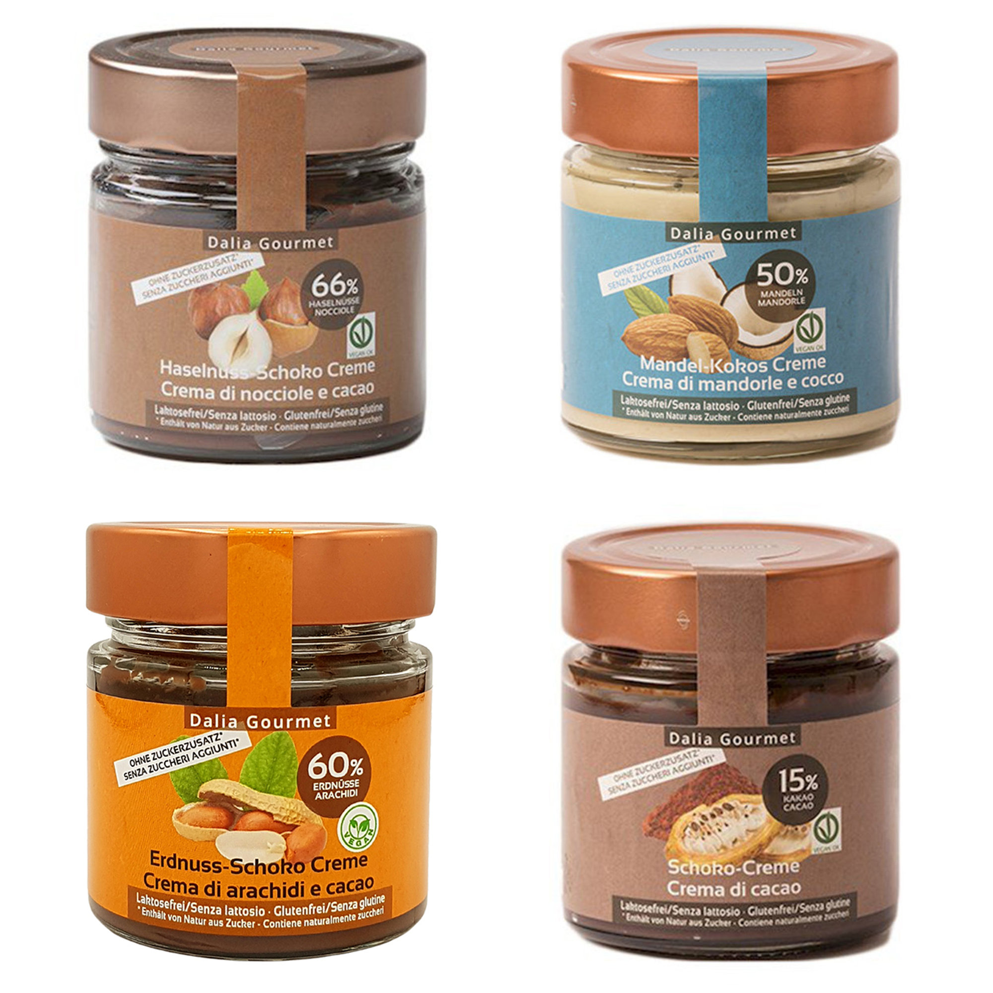 4 vasetti misti creme 200 gr: Nocciole e Cacao - Mandorle con Tonka - Arachidi e Cacao - Cacao Zero Cal vista0