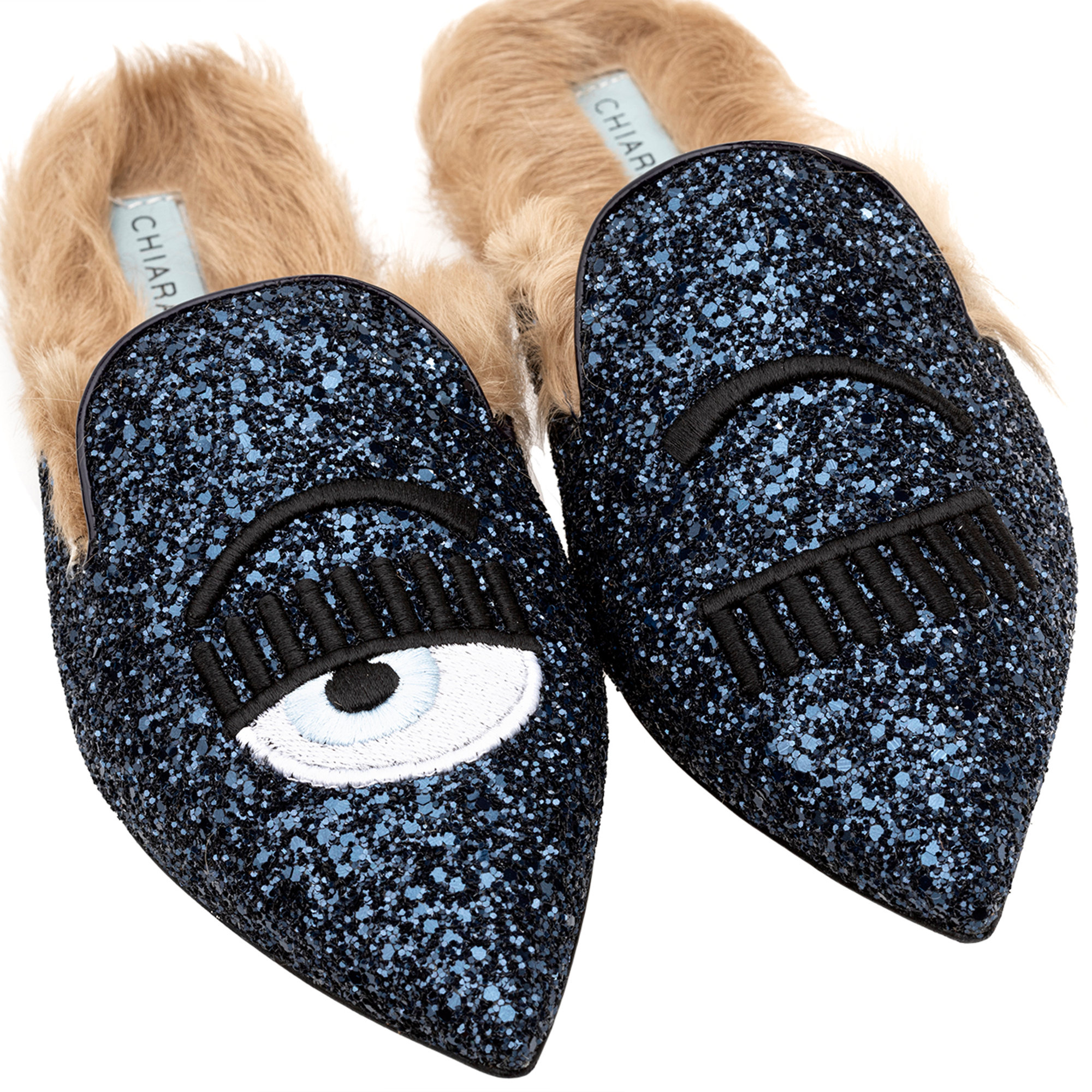 Mules a punta in glitter blu Chiara Ferragni  vista3