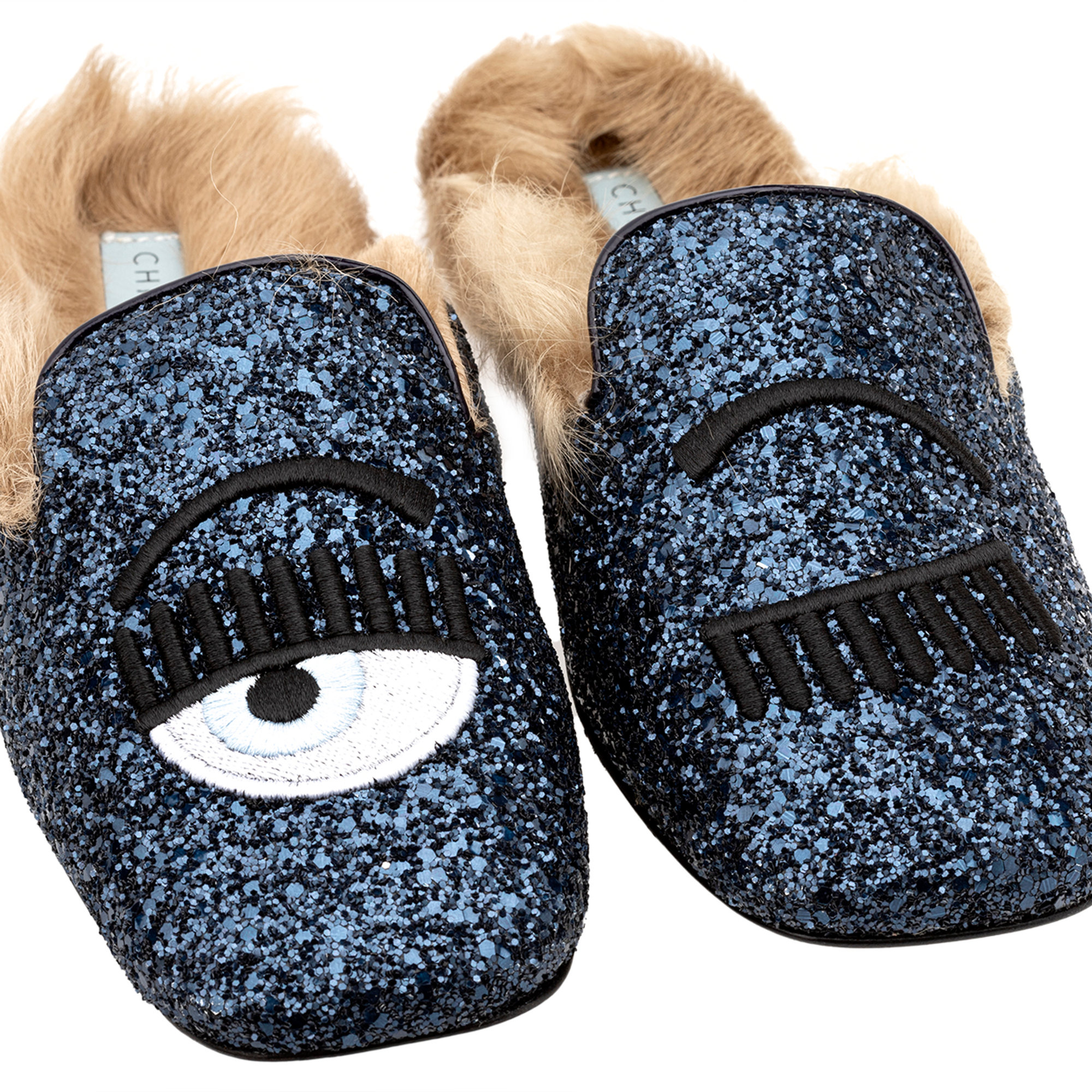 Mules squadrate in glitter blu Chiara Ferragni  vista3