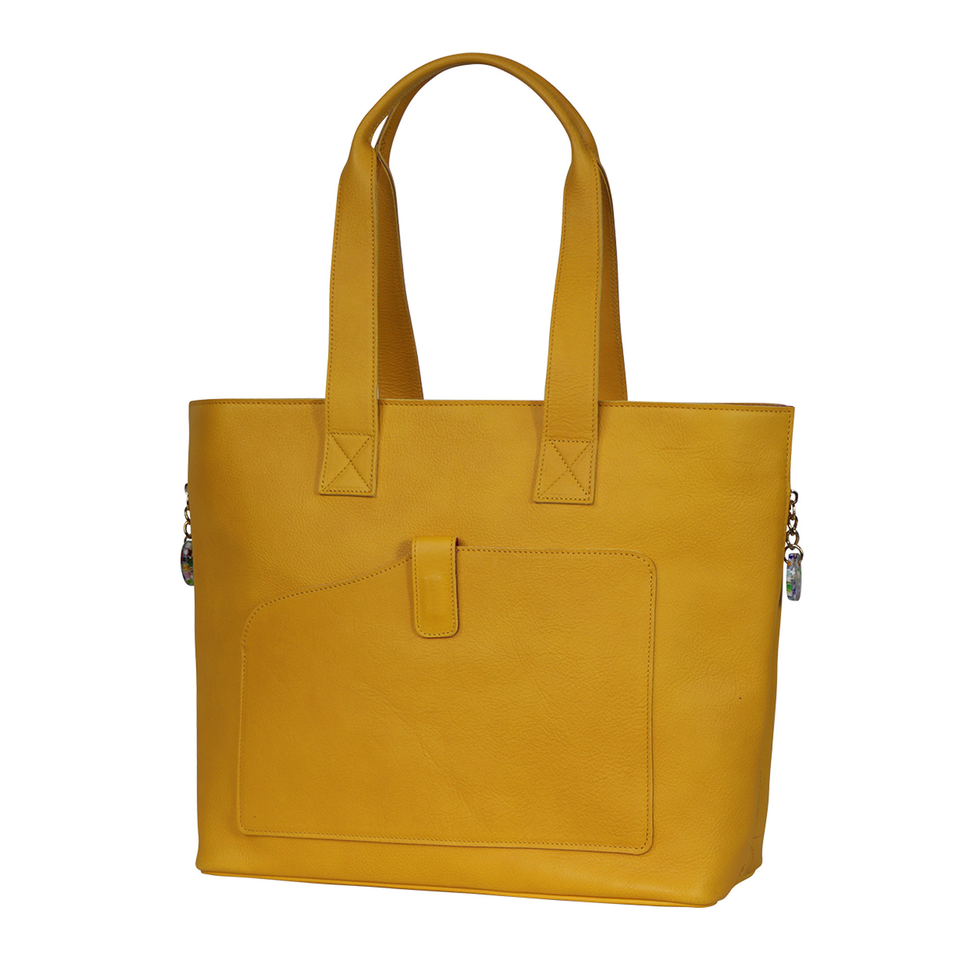 Borsa a spalla shopper solare e capiente con pendaglio in vetro di Murano in pelle gialla Terrida vista3