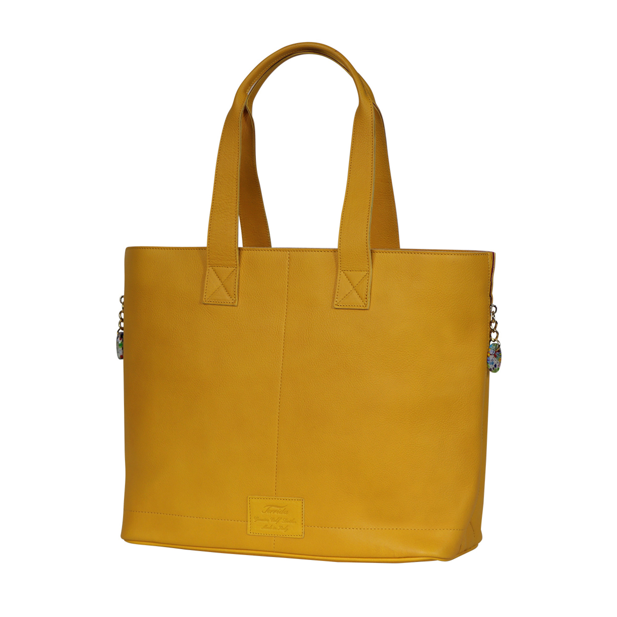 Borsa a spalla shopper solare e capiente con pendaglio in vetro di Murano in pelle gialla Terrida vista0