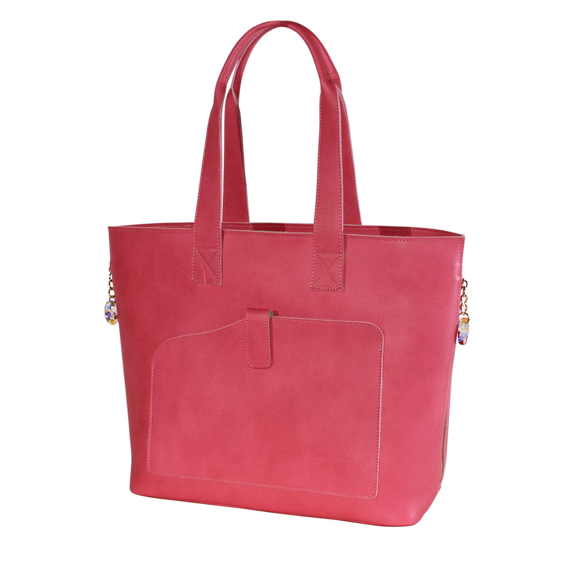 Borsa a spalla shopper solare e capiente con pendaglio in vetro di Murano in pelle rosa Terrida vista0