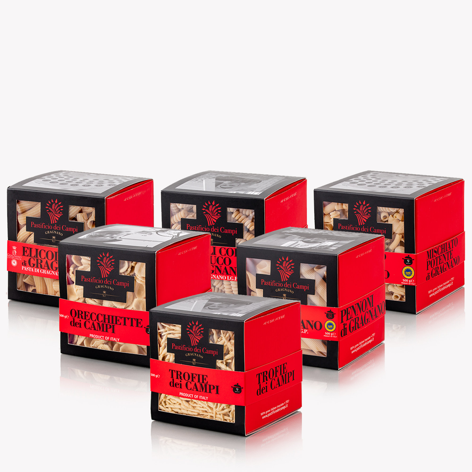 6 confezioni miste 500 gr: 1 Trofie, 1 Pennoni, 1 Orecchiette, 1 Mischiato potente, 1 Fusilli corti, 1 Elicoidali Pastificio dei Campi vista0