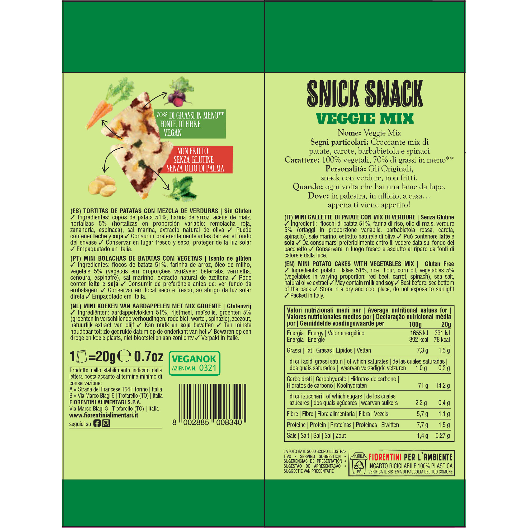 30 bustine - SI&NO Snick Snack Trinagolini Veggie Mix 20 gr Fiorentini vista1