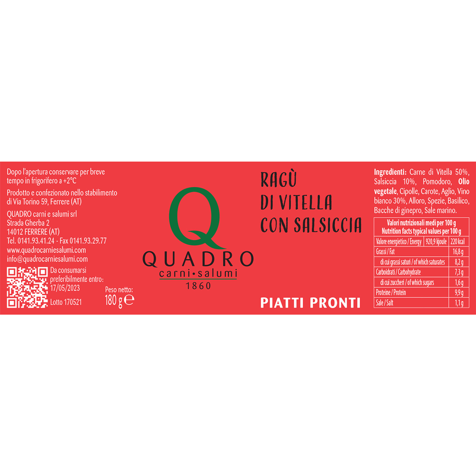 6 vasetti misti 180 gr: 2 Ragù di Vitella con salsiccia - 2 Ragù di vitella - 2 Sugo d'arrosto di vitella Quadro Carni e Salumi vista2