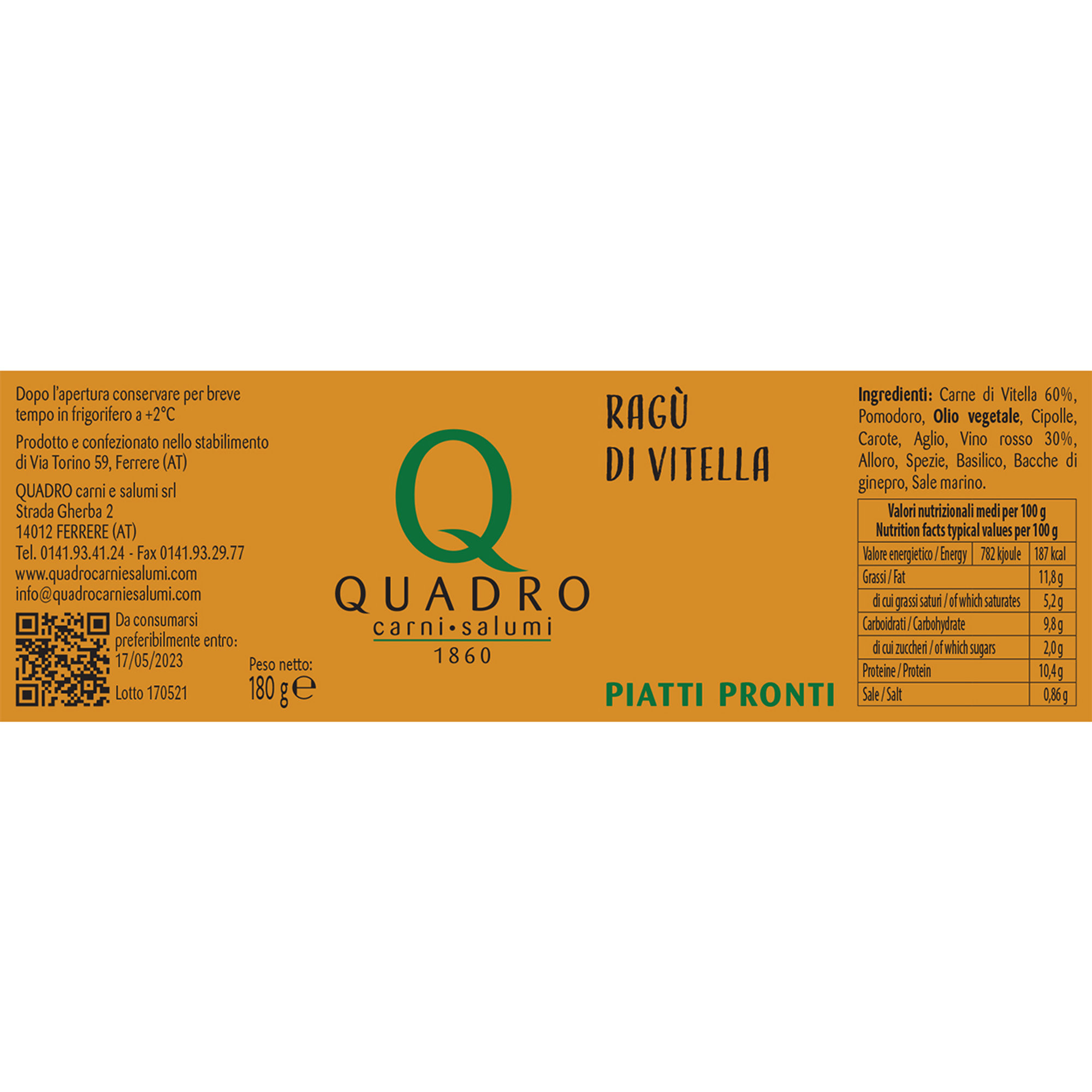 6 vasetti misti 180 gr: 2 Ragù di Vitella con salsiccia - 2 Ragù di vitella - 2 Sugo d'arrosto di vitella Quadro Carni e Salumi vista4