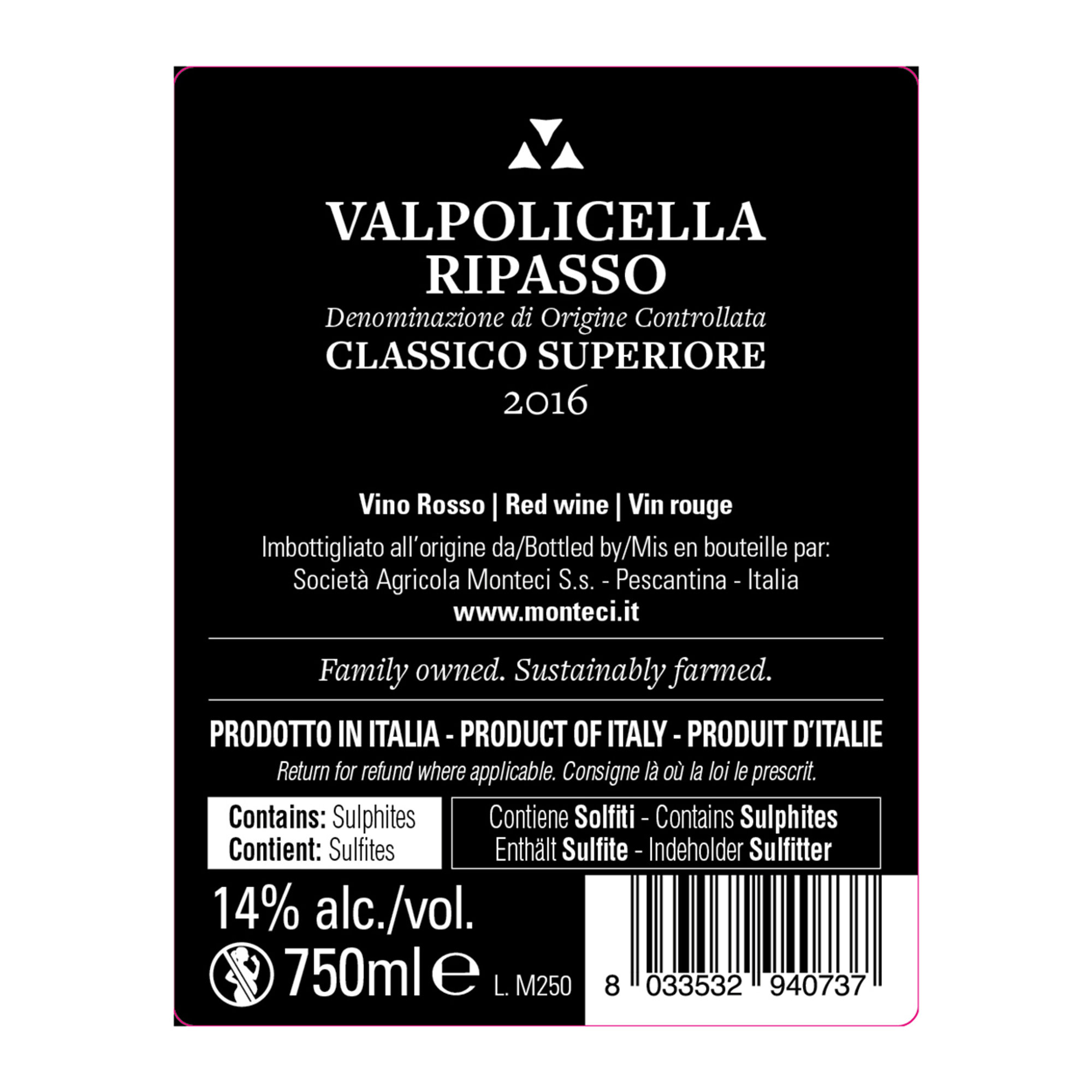 3 bouteilles mixtes : Amarone classico della Valpolicella 2015 - Valpolicella classico Superiore Ripasso 2016 - Recioto classico della Valpolicella 2015 Cantine Monteci vista4