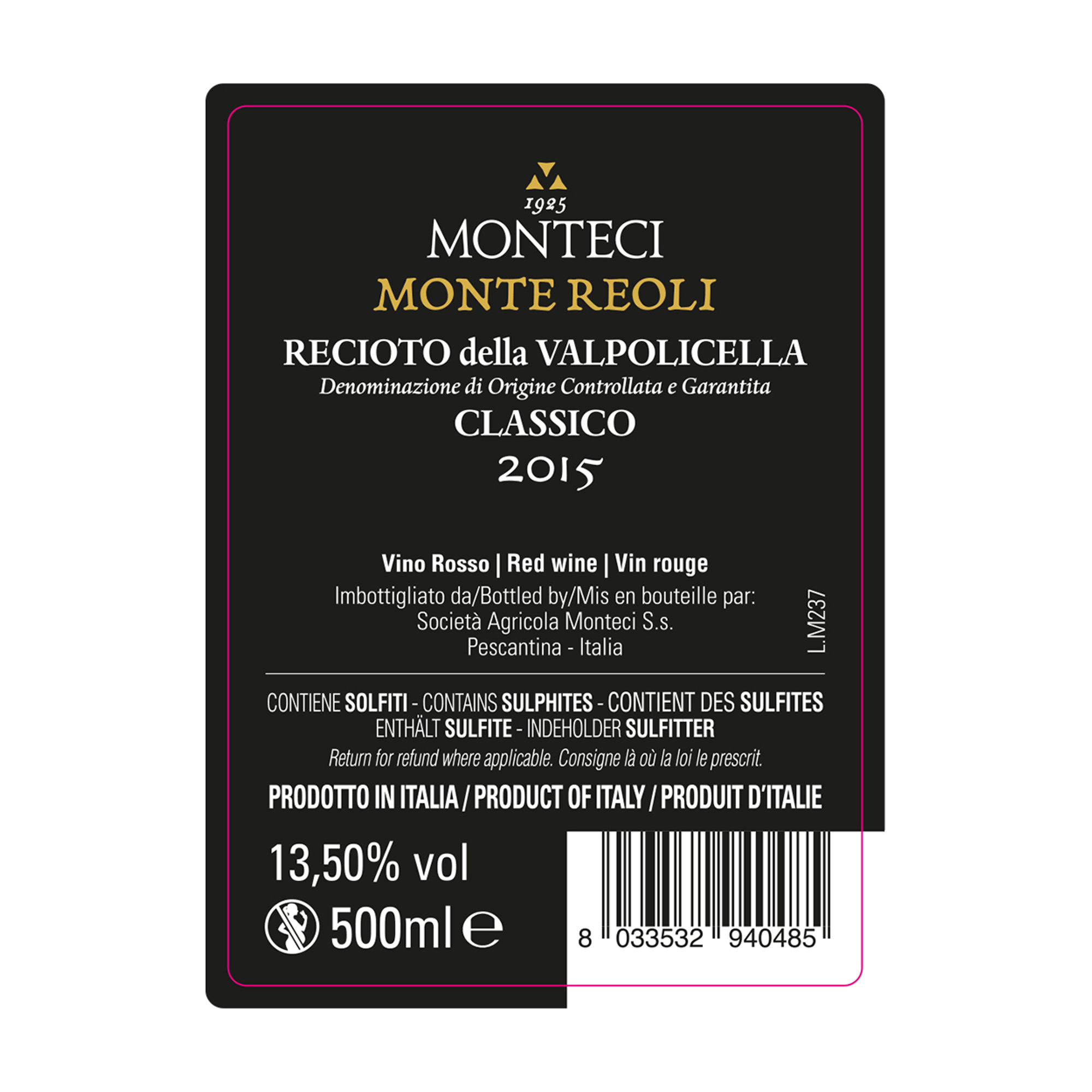 3 bouteilles mixtes : Amarone classico della Valpolicella 2015 - Valpolicella classico Superiore Ripasso 2016 - Recioto classico della Valpolicella 2015 Cantine Monteci vista6
