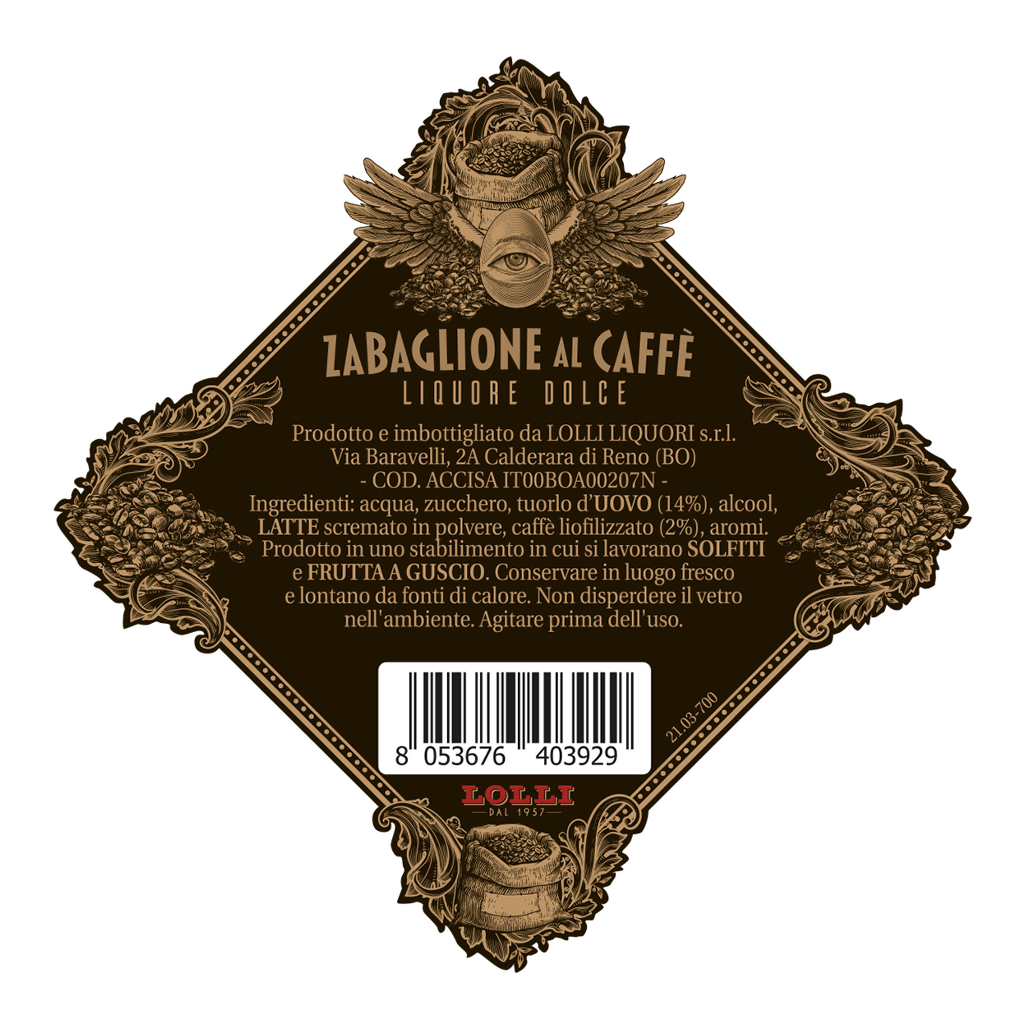 1 bottle - Zabaglione coffee liqueur 700 ml in gift box Lolli vista1