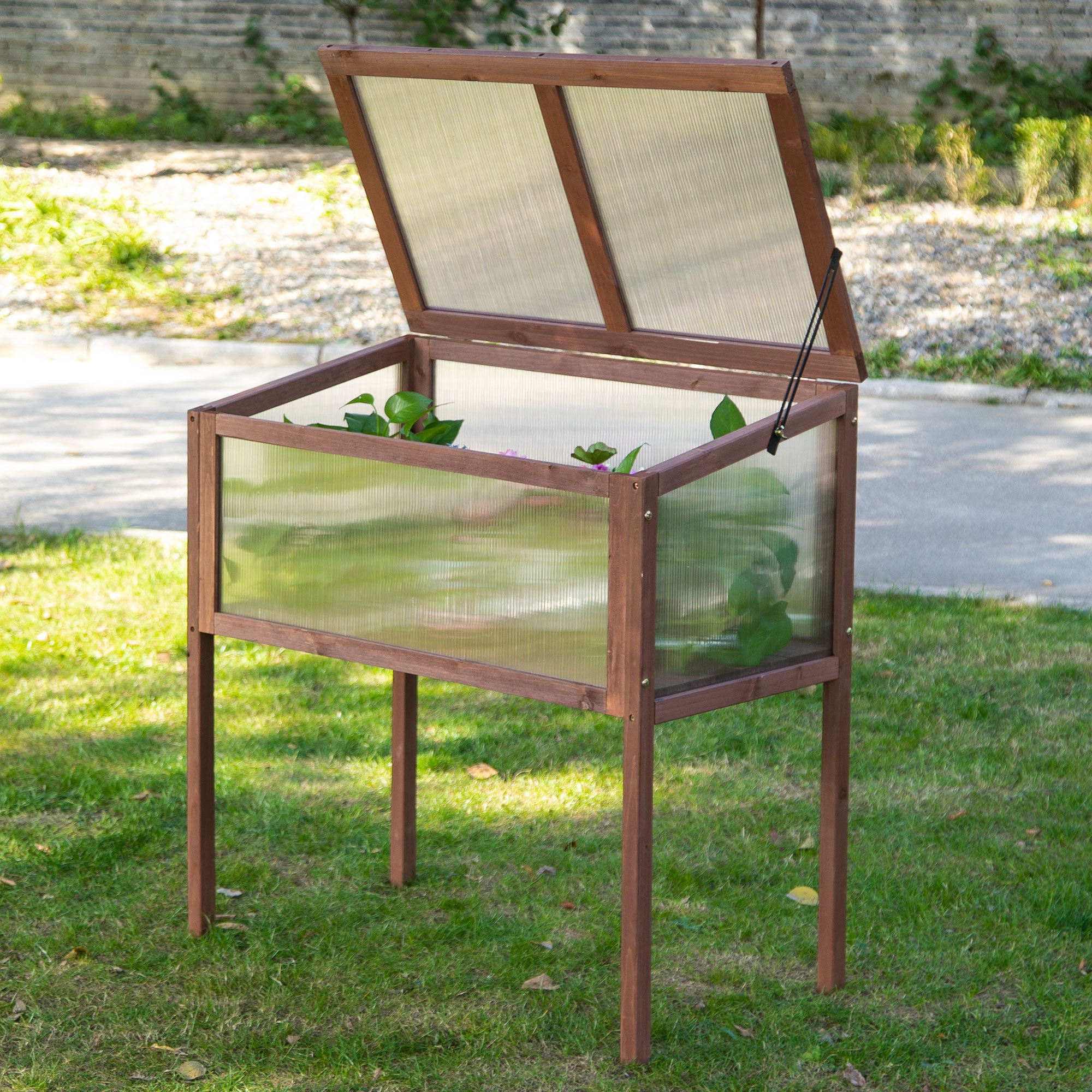 mini invernadero de jardín de madera y policarbonato con techo abierto Arredo per outdoor vista1