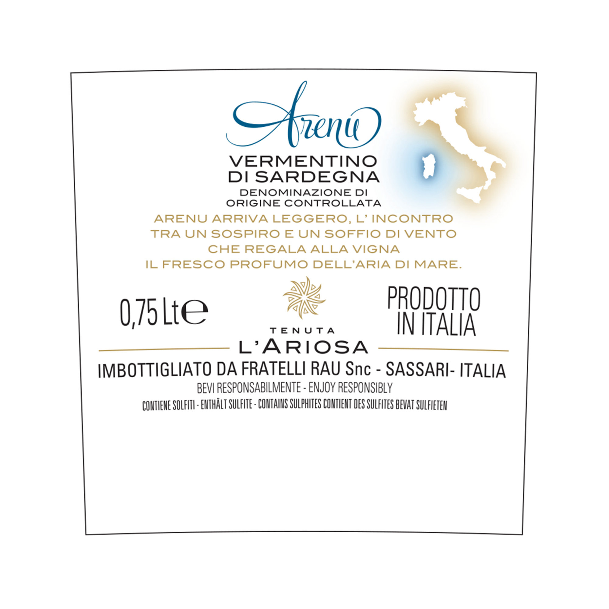 3 bottiglie - Arenu Vermentino di Sardegna Doc 2020 Tenuta l'Ariosa vista1