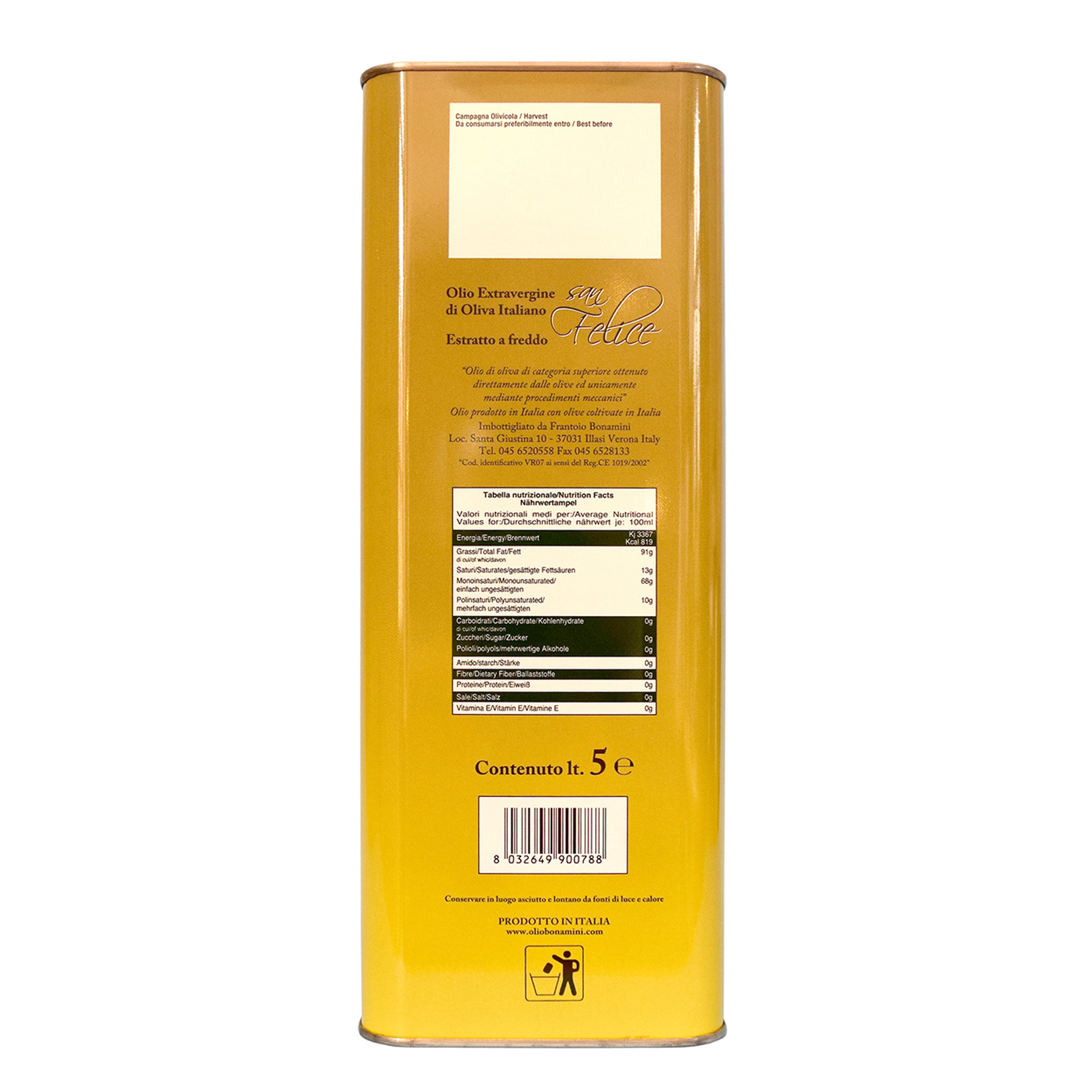 1 latta 5 lt - Olio Extra Vergine di Oliva "San Felice" 100% Italiano Estratto a freddo Frantoio Bonamini vista1